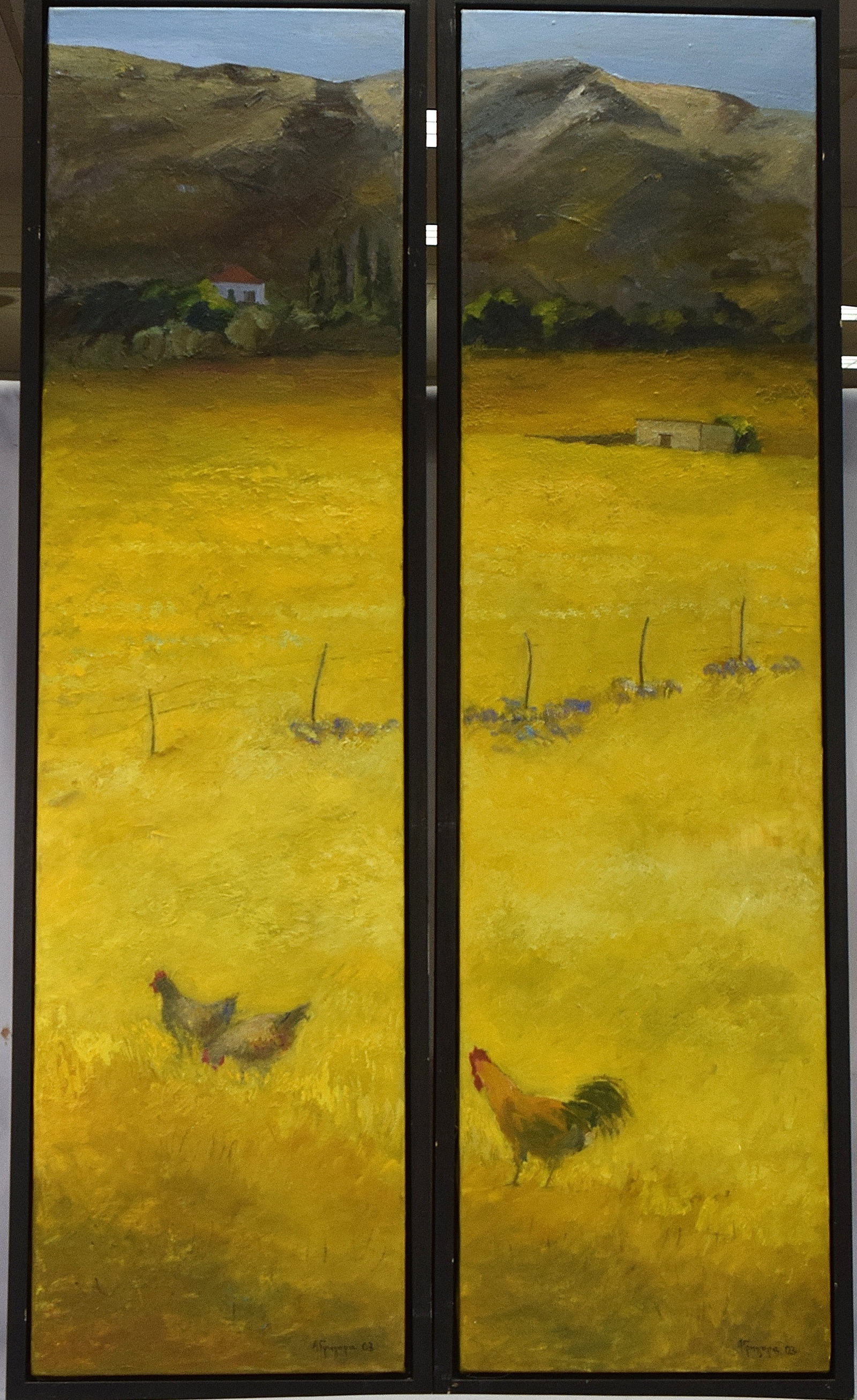 ANNA GRIGORA (B. 1959) PAIR OF PAINTINGS: Anna Grigora (born 1959). Oil on canvas. Signed lower right. Depicts Greek country hillsides with chickens and fields. Images 59 inches x16 inches. Good conditions. The estate of NicholasMitropoulos 1
