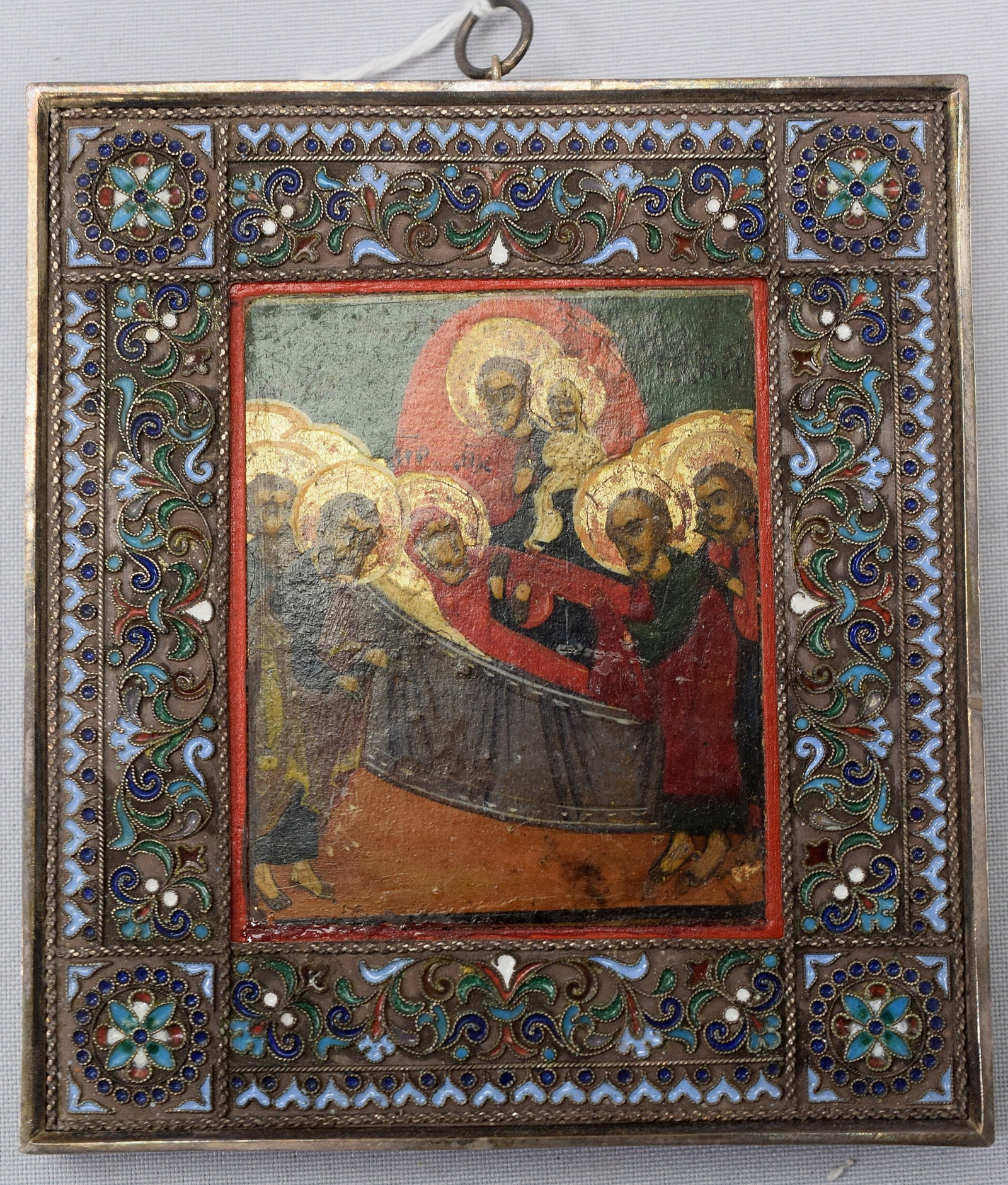 SMALL 19TH RUSSIAN ORTHODOX RELIGIOUS ICON: Depicting the Dormition of the Theotokos, (mother of god). This Icon with exquisite sterling enamel cloisonne frame. Hand painted on wood. 4 3/8 inches x 3 7/8 inches. Ca late 19th century.Marked .925