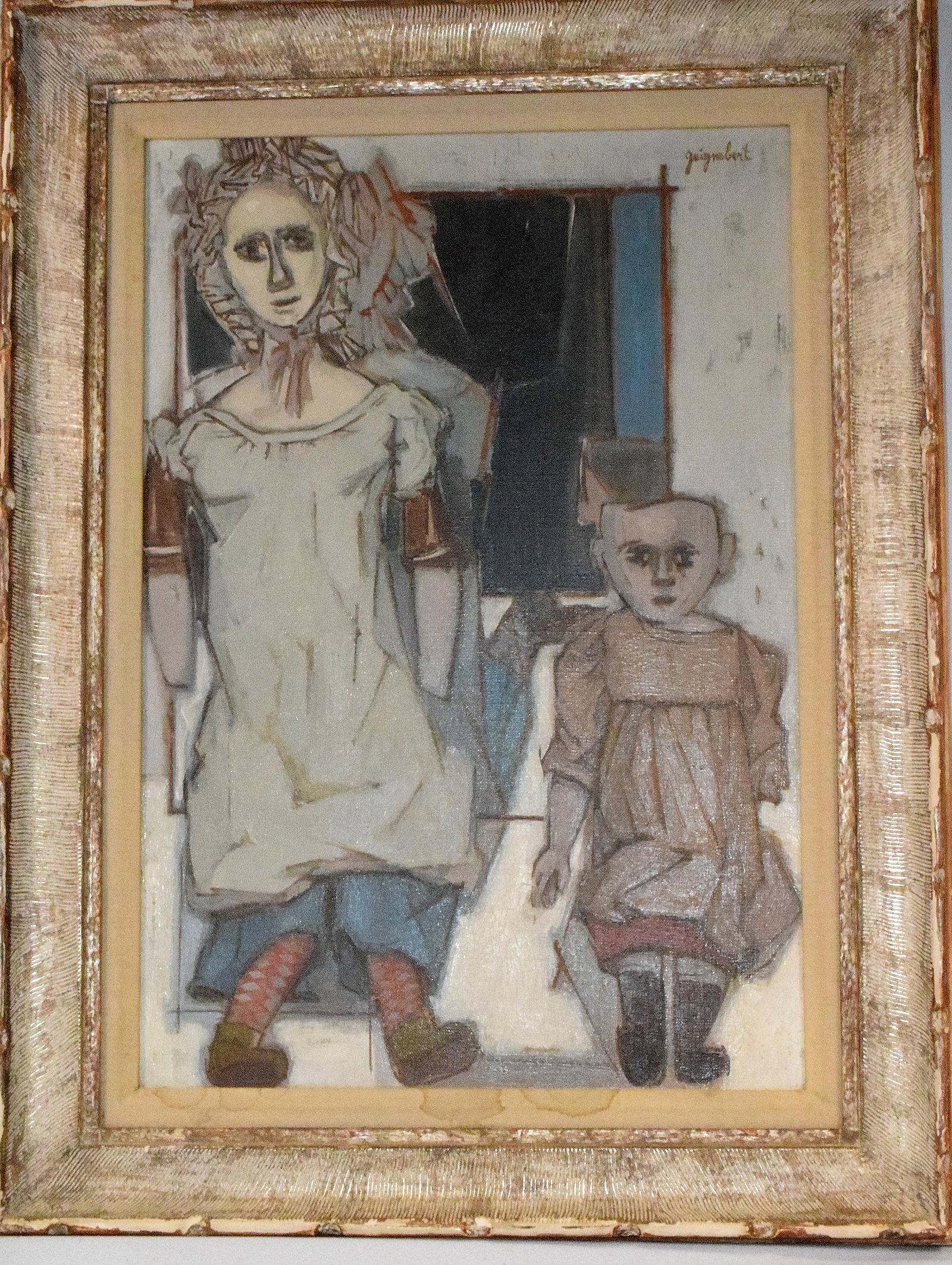 JEAN-CLAUDE VINCENT GUIGNEBERT (French b.1921): Jean-Claude Guignebert (French1921-1989). Two stylized like dolls or puppets, Mother & Child. Muted colors, blue, grey and brown black. Oil on canvas. Signed upper right. Image 21 inches x 14inches. F