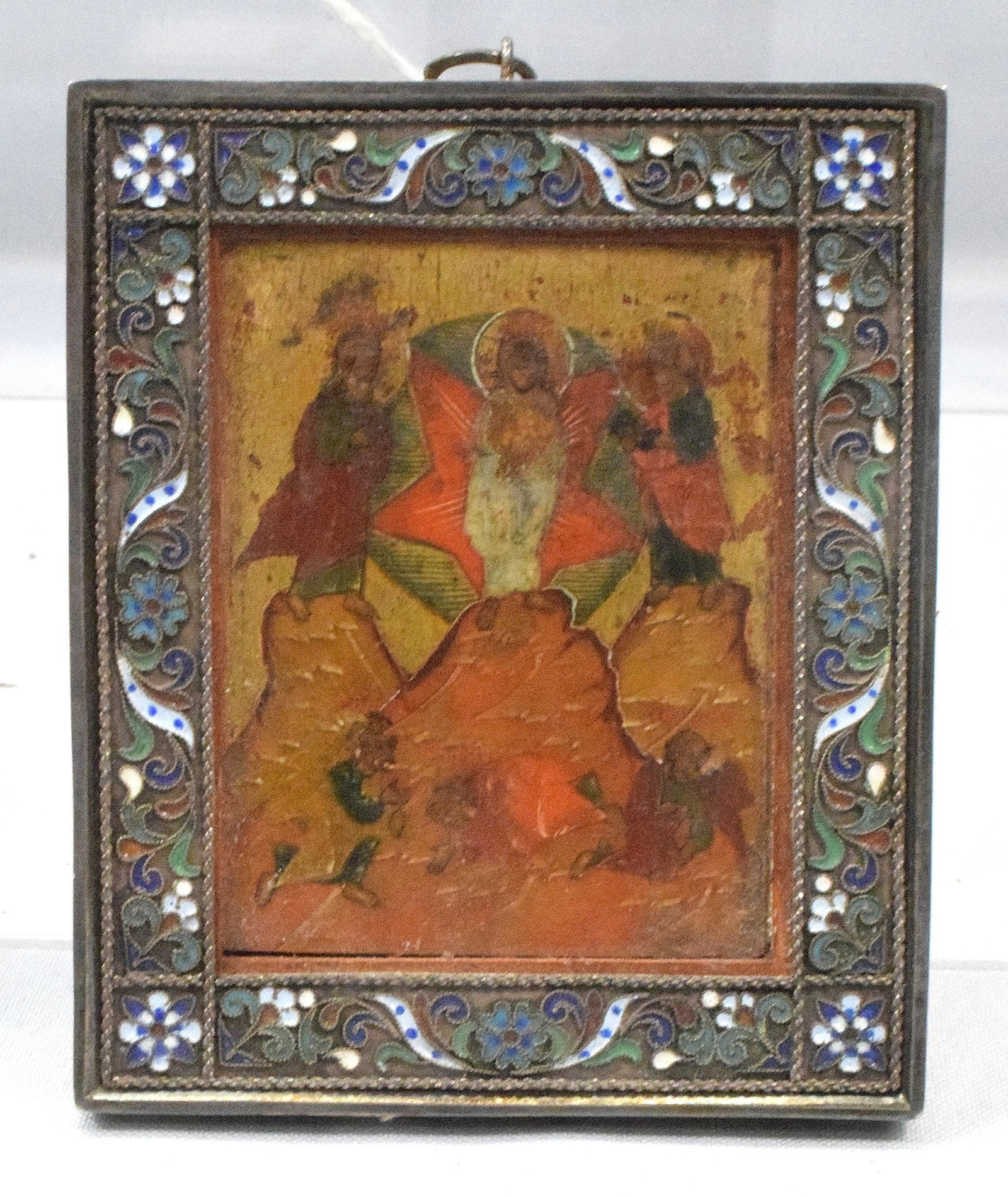 SMALL 19TH GREEK ORTHODOX RELIGIOUS ICON: Depicting Transfiguration with Peter, John and James This Icon with exquisite sterling enamel cloisonne frame. Hand painted on wood. 3 3/4 inches x 3 inches. Ca late 19th century. Marked.925. The Esta