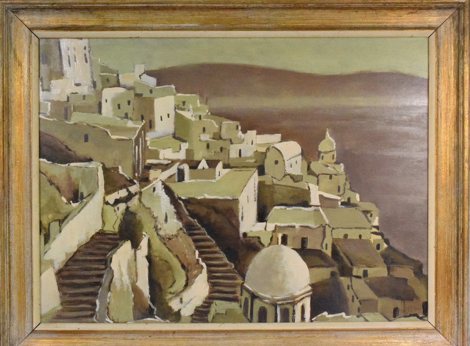 SANTORINI GREECE LANDSCAPE PAINTING: Artist not known. Acrylic or oil on masonite board. Ca 20th century. Possibly a French artist. "Paysage" French word for landscape. Depicts Village scene, Greek Islands. White washedbuildings, dome ch