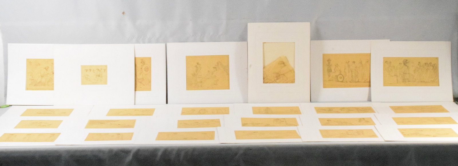24 AFTER JOHN FLAXMAN CLASSICAL GREEK DRAWINGS: 24 Classical Greek drawings in ink. Believe after John Flaxman (1755-1826) Titled and numbered. All are matted. Not framed. Numbered 2 is damaged. Each is on very thin tissue paper. Matts with hand dr