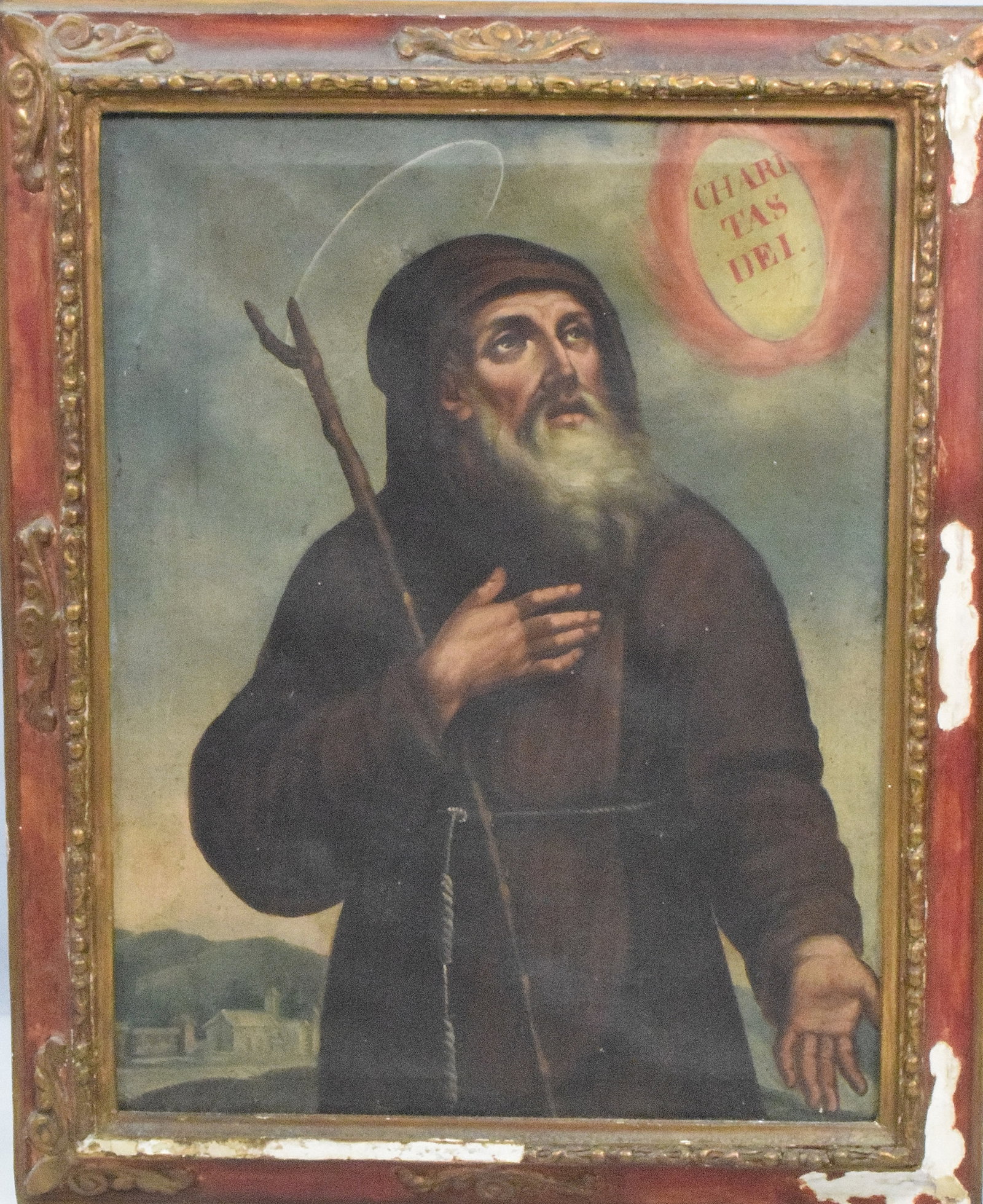19th MEXICAN DEVOTIONAL PAINTING ST FRANCIS: 19th century Mexican devotional painting of Saint Francis of Paola. Inscribed Charitas Dei. Image 16 1/4 x 12 1/2 inches. Oil on canvas. Loss to frame.