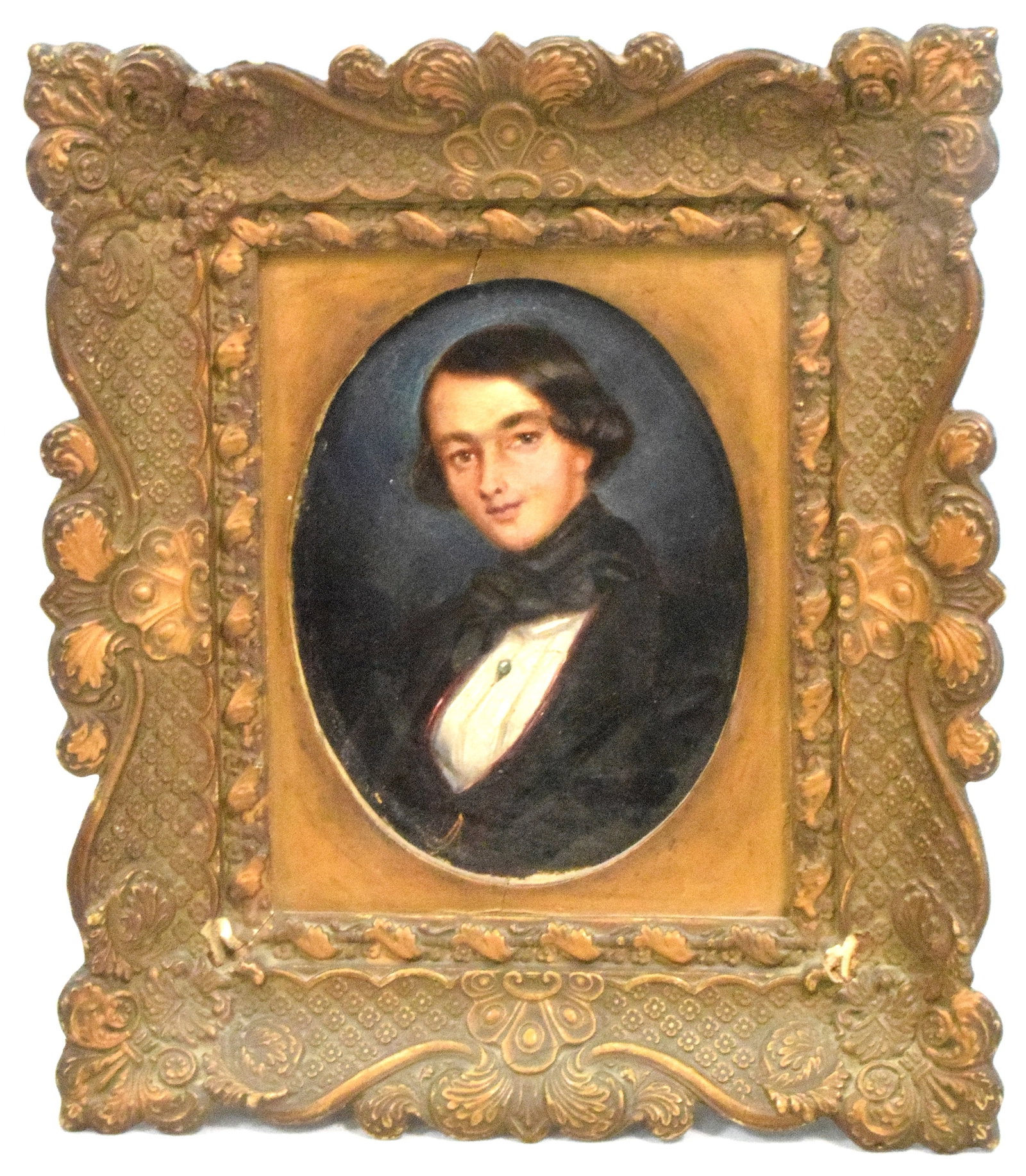 FRENCH SCHOOL MINIATURE PORTRAIT OIL PAINTING: Ca 1845. Identified and dated on verso. Oil painting in the French School circa 1845. Oil on canvas. Oval painting. Image 4 1/2 inches x 3 1/2 inches. Frame 8 1/4 x 7 inches. Good condition.The Estate