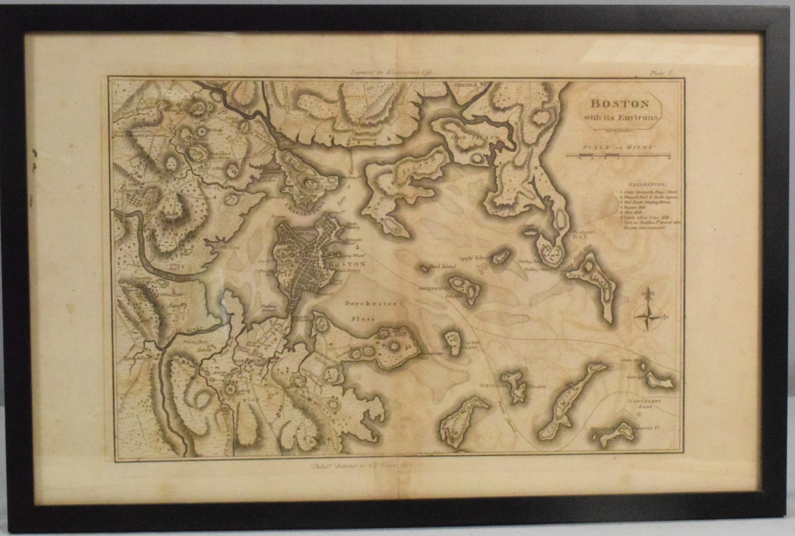 FRAMED 1806 C.P. WAYNE MAP OF BOSTON HARBOR: Framed under plexi-glass. "Boston with its Environs" Engraved by J Vallance for Washington Life. Published by C.P. Wayne Phil. 1806. Old repair center bottom. 10 1/2 x 16 3/4 inches. TheEstate of Nich