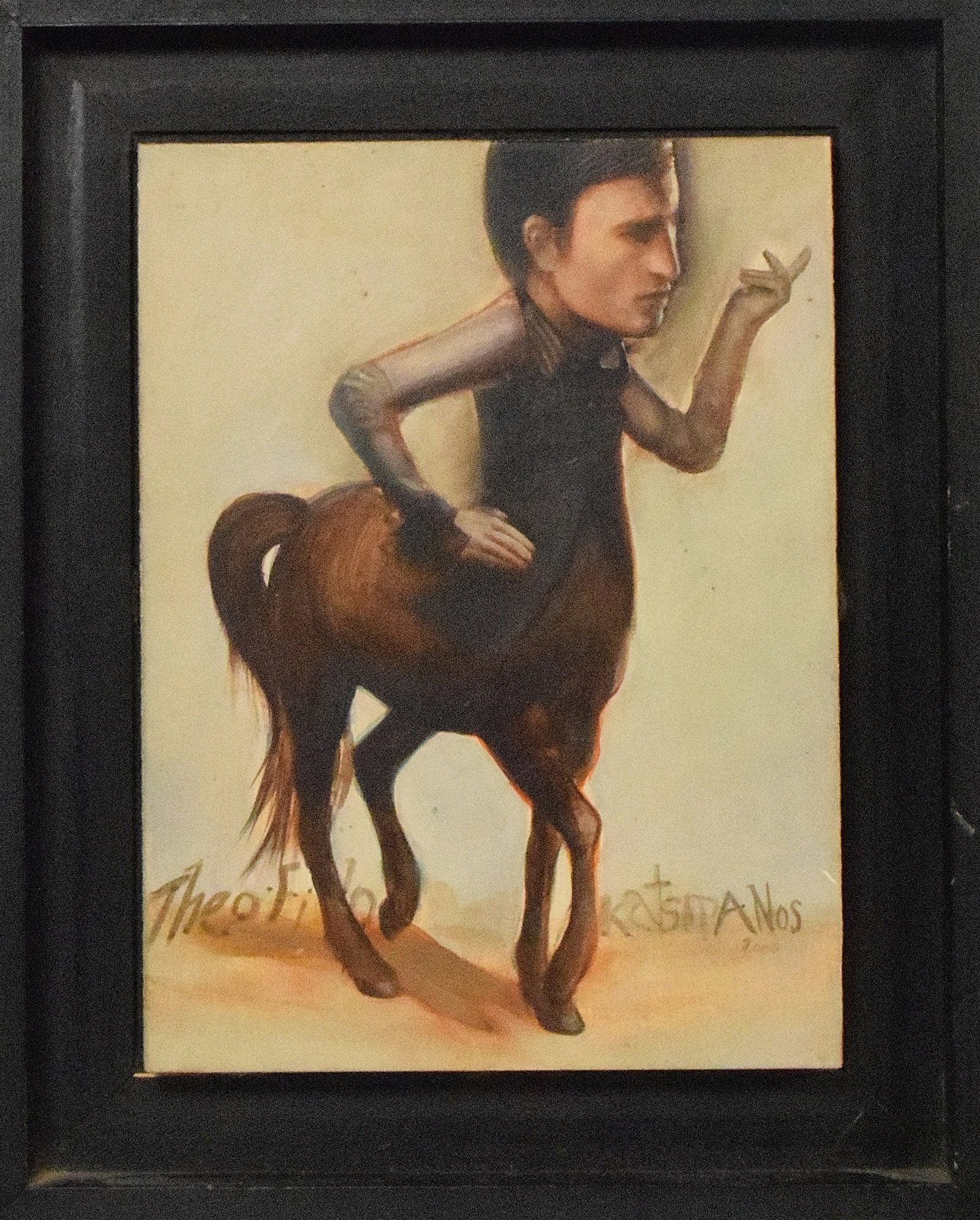 THEOFILOS KATSIPANOS (GREEK B. 1975) SURREALIST: Small Surrealist type painting on wood block. Painting of a distorted figure of a man/Centaur with a oversize head. Centaurs are an excellent example of the dual nature of beings in Greekmythology. Th