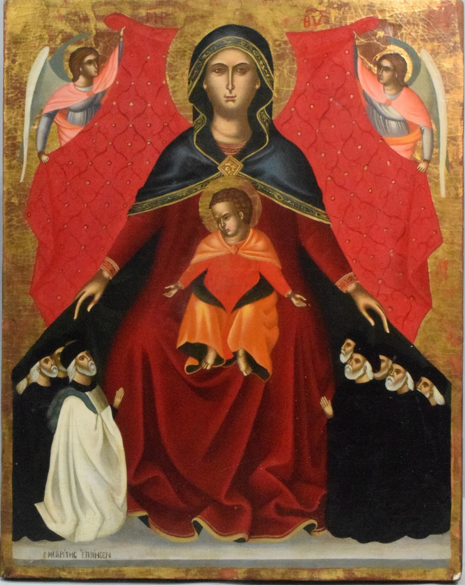 GREEK ICON MOTHER OF GOD (THEOTOKOS) ON WOOD: Greek Icon of the Mother of God. "The Virgin of the Powerful Mantle. In the style of Cretan School. Egg temera and wood panel. Artist signed. 21 inches x 16 1/2 inches. The Estate of NicholasMitropoul