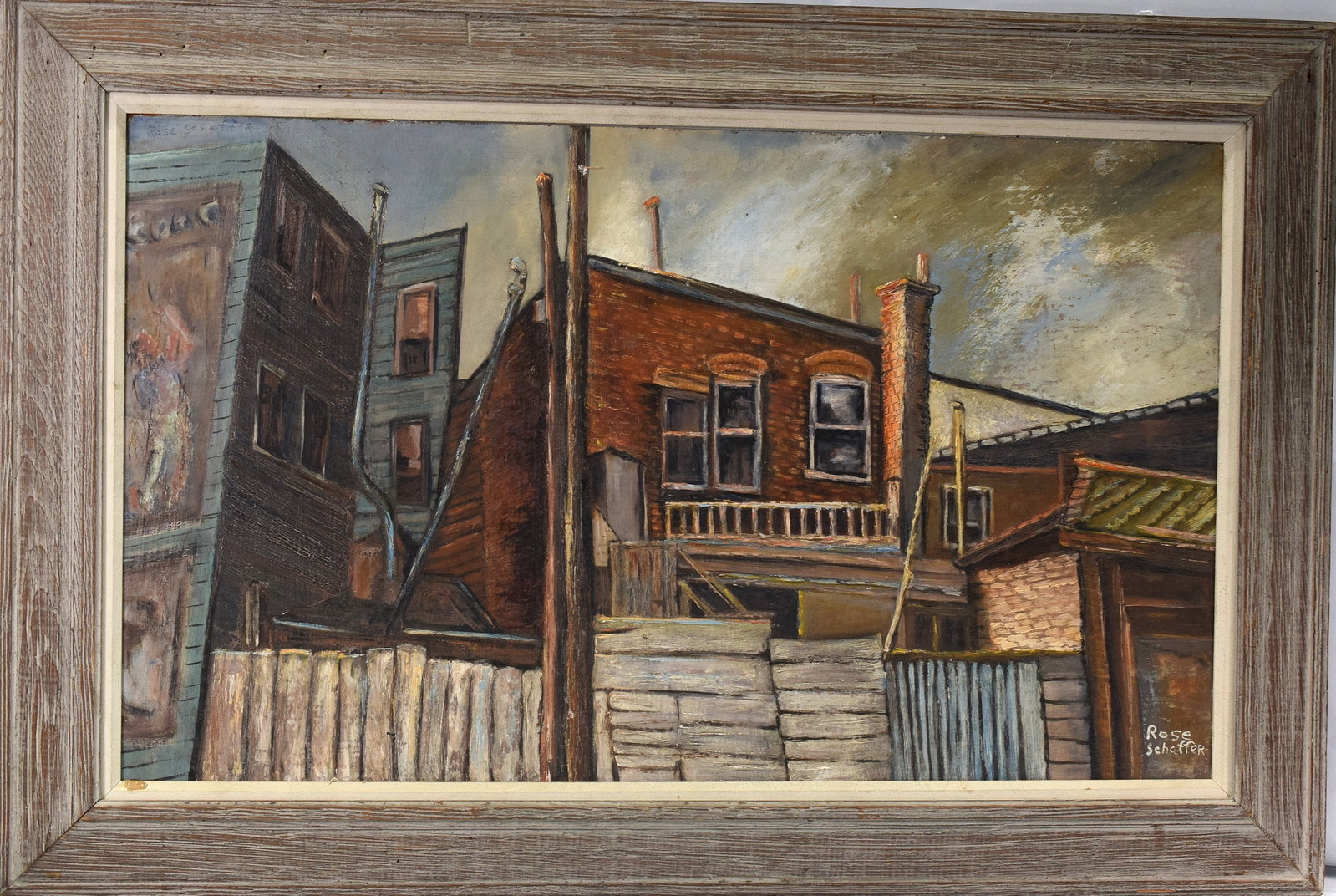 ROSE SCHAFFER URBAN BACKYARD SCENE PAINTING: Rose Schaffer (American 1908-1989). Acrylic or oil on board. Depicts a urban scene painting. Signed lower right. Image 20 inches x 33 inches. Frame 27 inches x 41 inches. Good condition. The estate