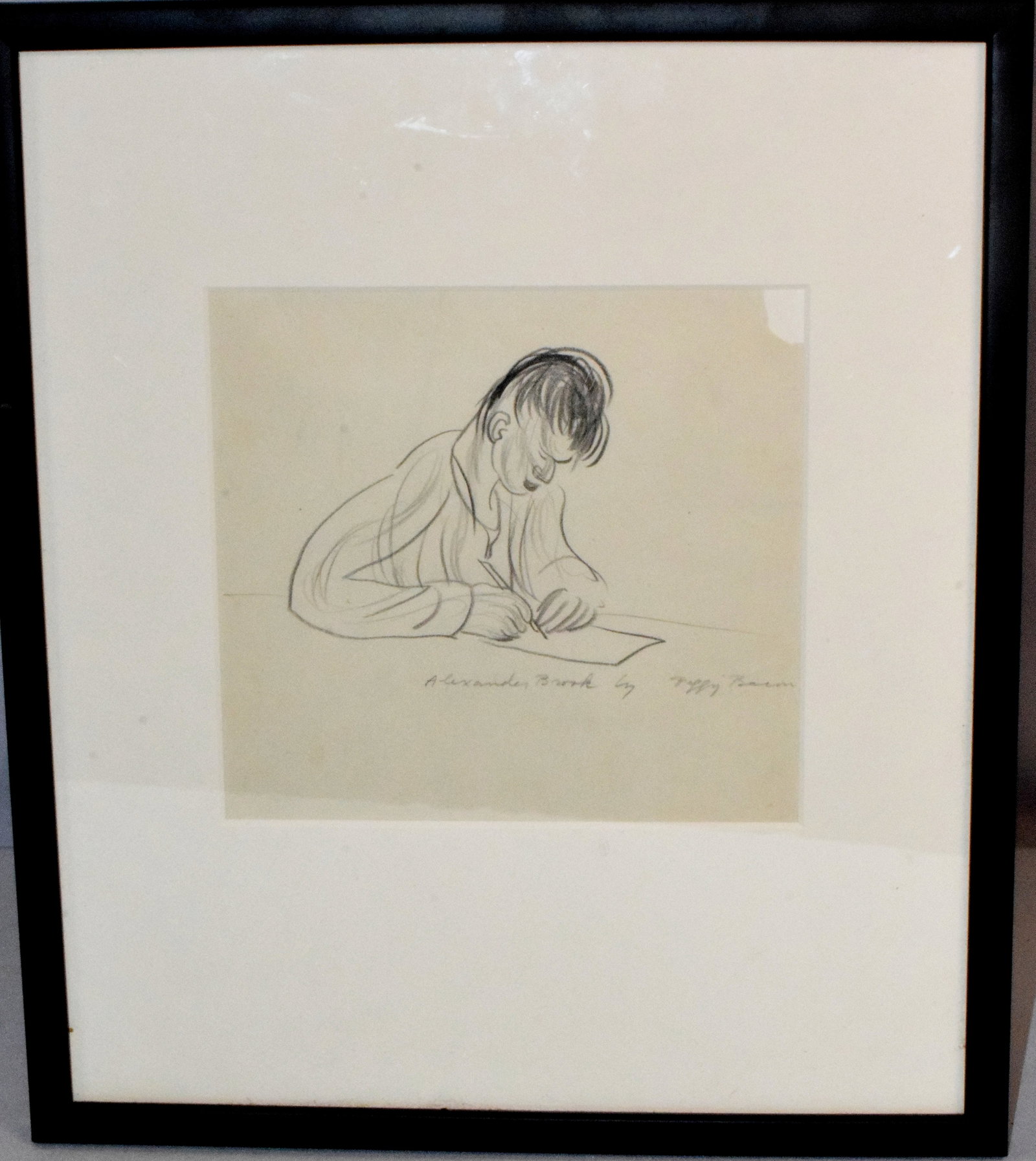 PEGGY BACON PENCIL DRAWING: Peggy Brook (Margaret) Bacon (1895 - 1987) Pencil drawing titled Alexander Brook. Image 7 inches x 7 inches. Framed and matted under plexi glass. Frame 14 1/2 inches x 12 1/2 inches. Loss to upper rig