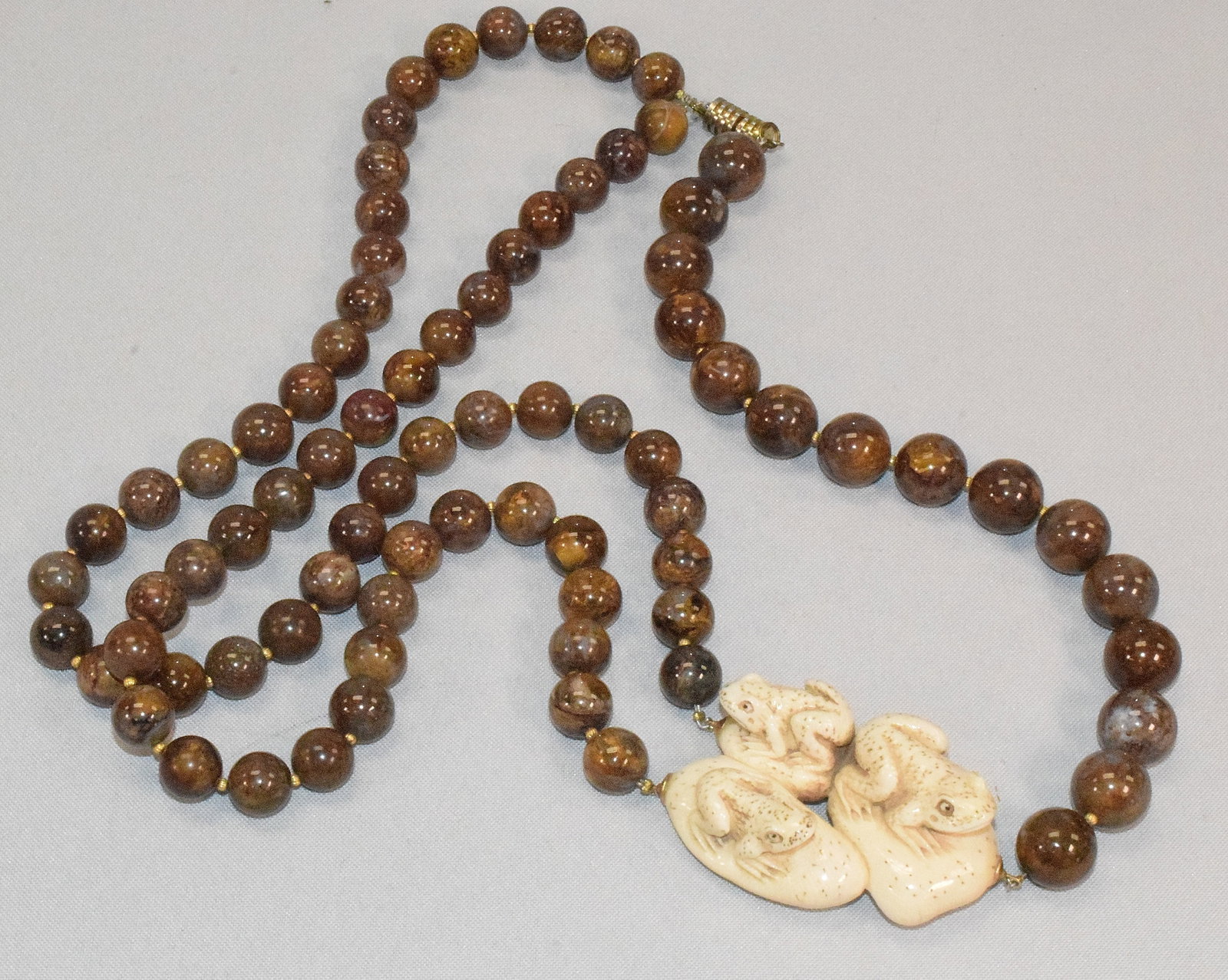 ASIAN PIETERSITE BEAD WITH NETSUKE CARVED PENDANT (1 of 6)