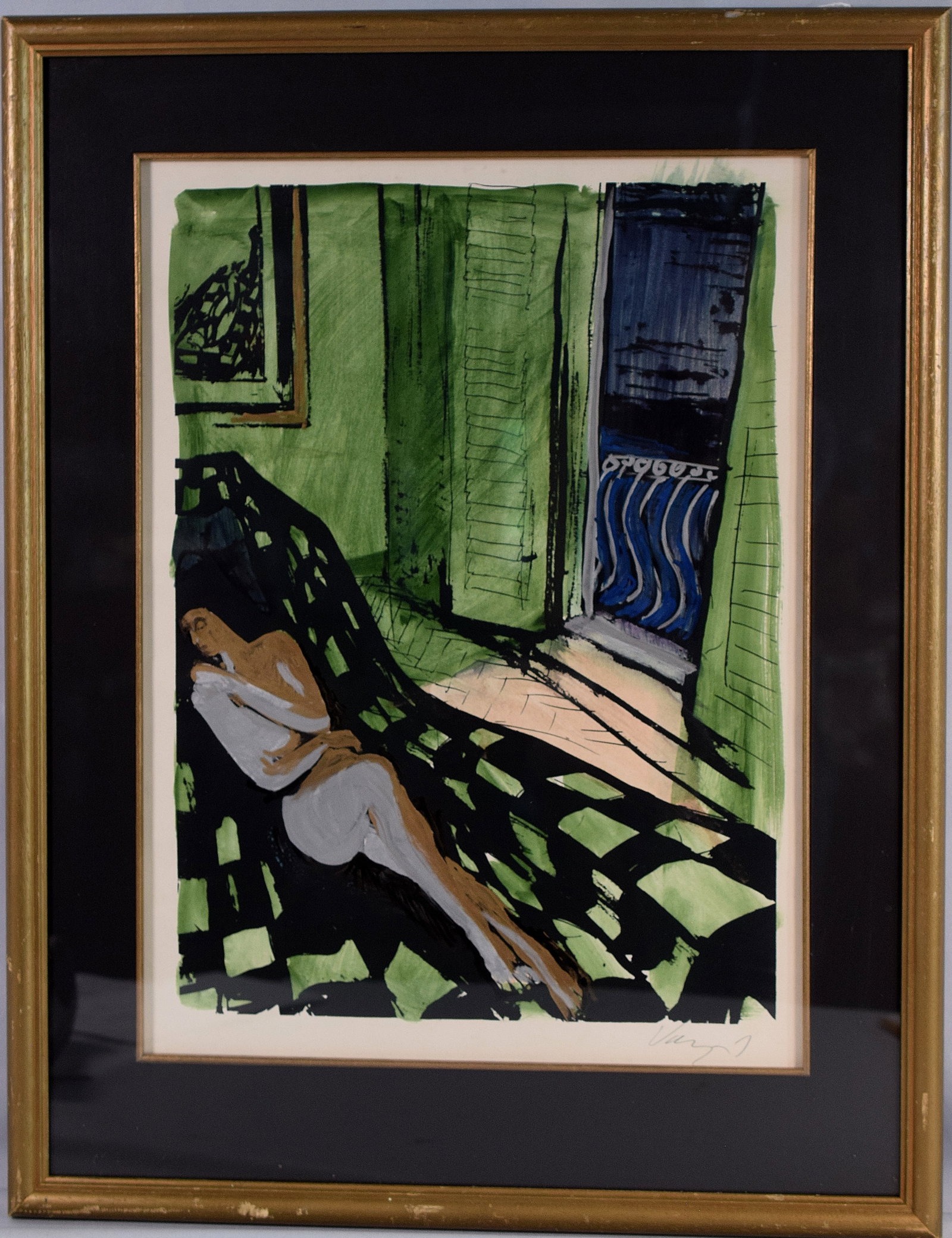 RECLINING NUDE PAINTING: Ca 20th century. Artist signed in pencil. Artist unknown. Depicts a reclining female nude figure with window. Gouache or watercolor on paper. Image 19 inches x 14 inches. Framed and matted underplexi