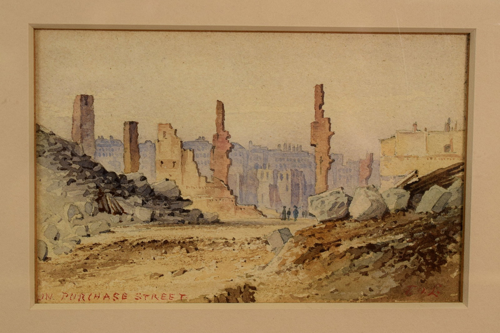 PAIR BOSTON GREAT FIRE WATERCOLOR PAINTINGS: Two miniature 1872 Boston Great fire watercolor paionmtings. Images 3 inches x 4 3/4 inches. Frame and matted under plexi glass. Frames 12 inches x 14 1/2 inches. Label on back. Artist