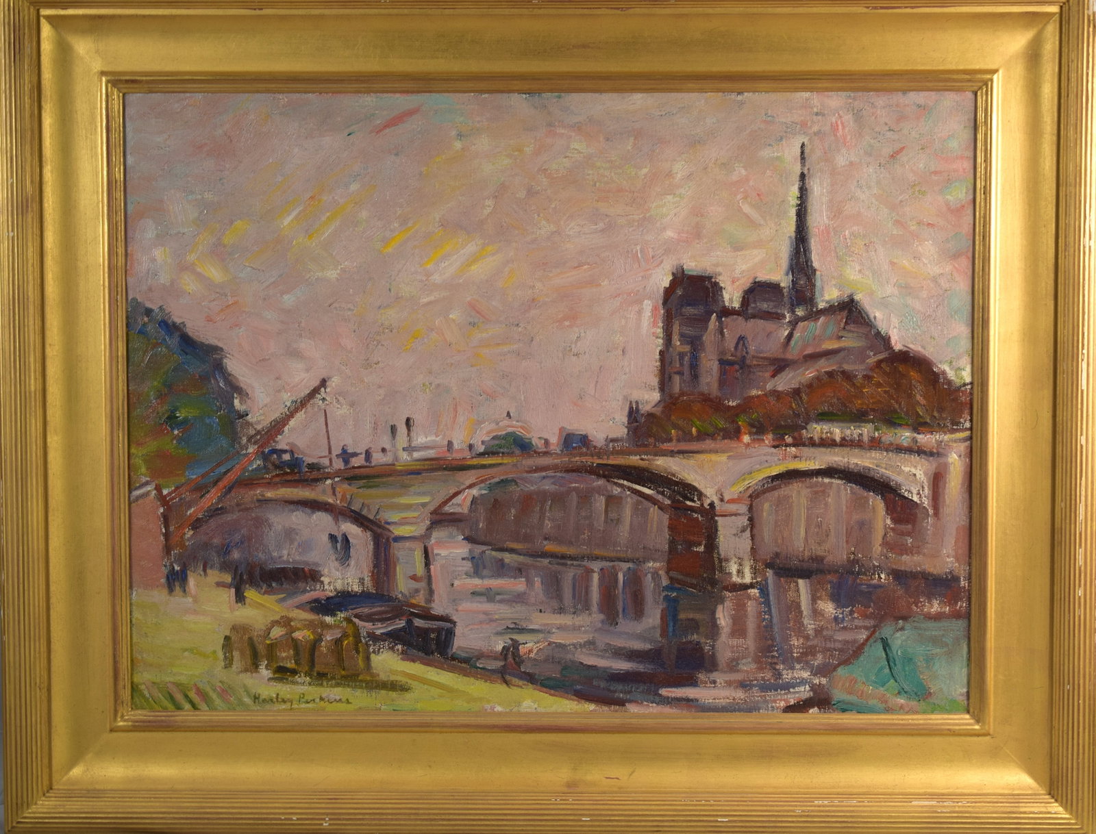 HARLEY PERKINS (1883-1964) PAINTING: Harley Perkins (American 1883-1964). Oil on canvas. Titled "Notre Dame" Image 21 inches x 28 inches. Framed. 29 inches x 36 inches. Depicts Tourville Bridge Ca.1919. Seine River and bridgeto Notre