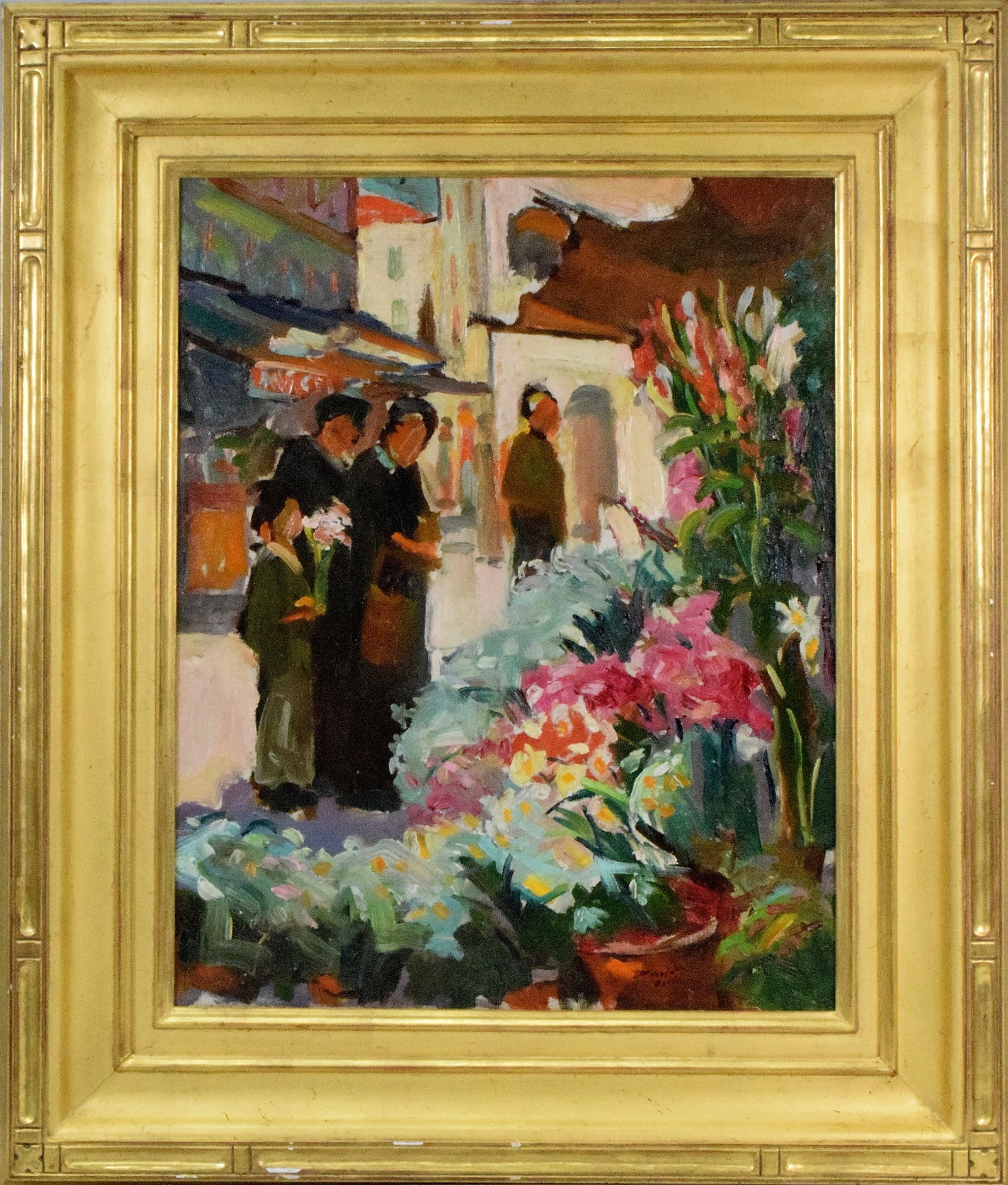 DONALD BARTON (1903-1994) PAINTING: Donald Blagge Barton (American 1903-1994). Oil painting on canvas. Titled "Flower Shopping". Image 20 inches x 14 inches. Vose Galleries label on back. Gold gilt frame 28 inches x 24 inches.Signed
