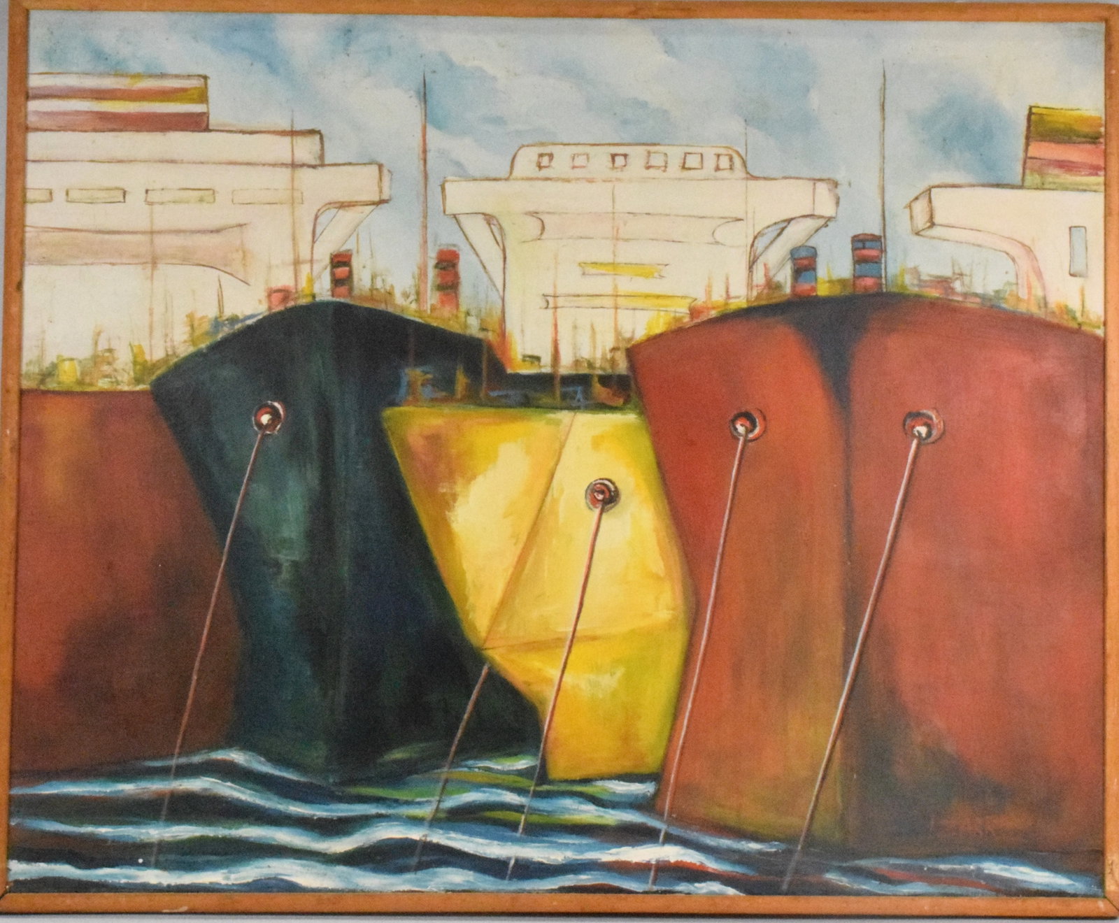 I. ZARRAS 20TH SHIPS OIL PAINTING: I. Zarras (20th century). Ships anchored. Oil on canvas. Signed lower right. Stretcher marked. Image 26 1/2 31 1/2 inches. Framed. The estate of Nicholas Mitropoulos 1952-2025.