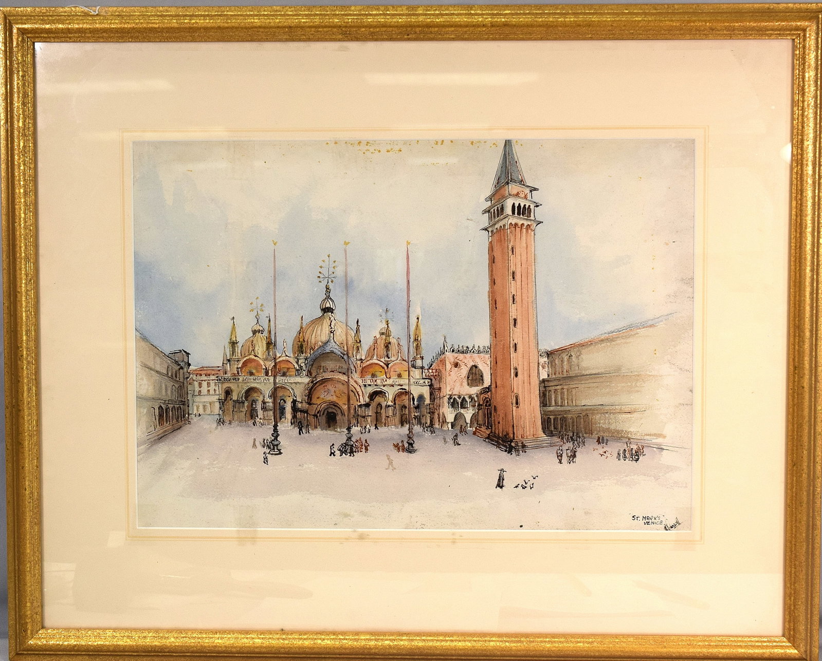 WATERCOLOR ST. MARK'S BASILICA: Watercolor of St. Marks Basilica the doge's Palace in the city of Venice. Arthur Acckermann & Peter Johnson Gallery label. Artist unknown. Can't read. Framed and matted under glass. Watercolor