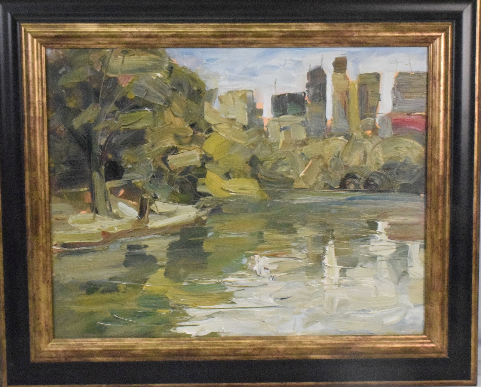 JOSE GOMEZ CENTRAL PARK PAINTING: Jose gomez (20th century). Titled and marked on back. Signed Jose Gomez "Cenrtal Park". 13 inches x 18 inches. Oil on Canvas. Frame 19 inches x 23 inches. Heavy thich impressionic painting. TheEstate