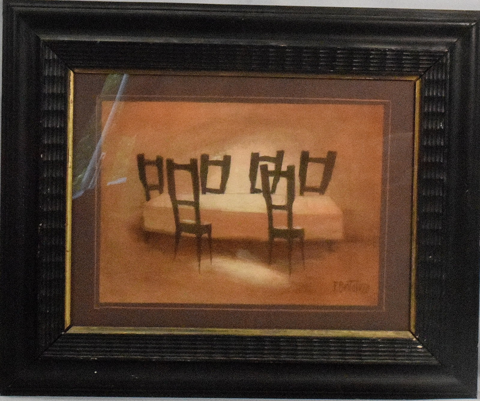 FERRUCCIO BOSTOLUZZI 1920-2007 PAINTING: Ferruccio Bostoluzzi (Italian 1920-2007) Painting of table and chairs. Mixed media. Titled and dated on verso. Date 1951. Framed and matted under plexi plass. Matting done by artist. Signed