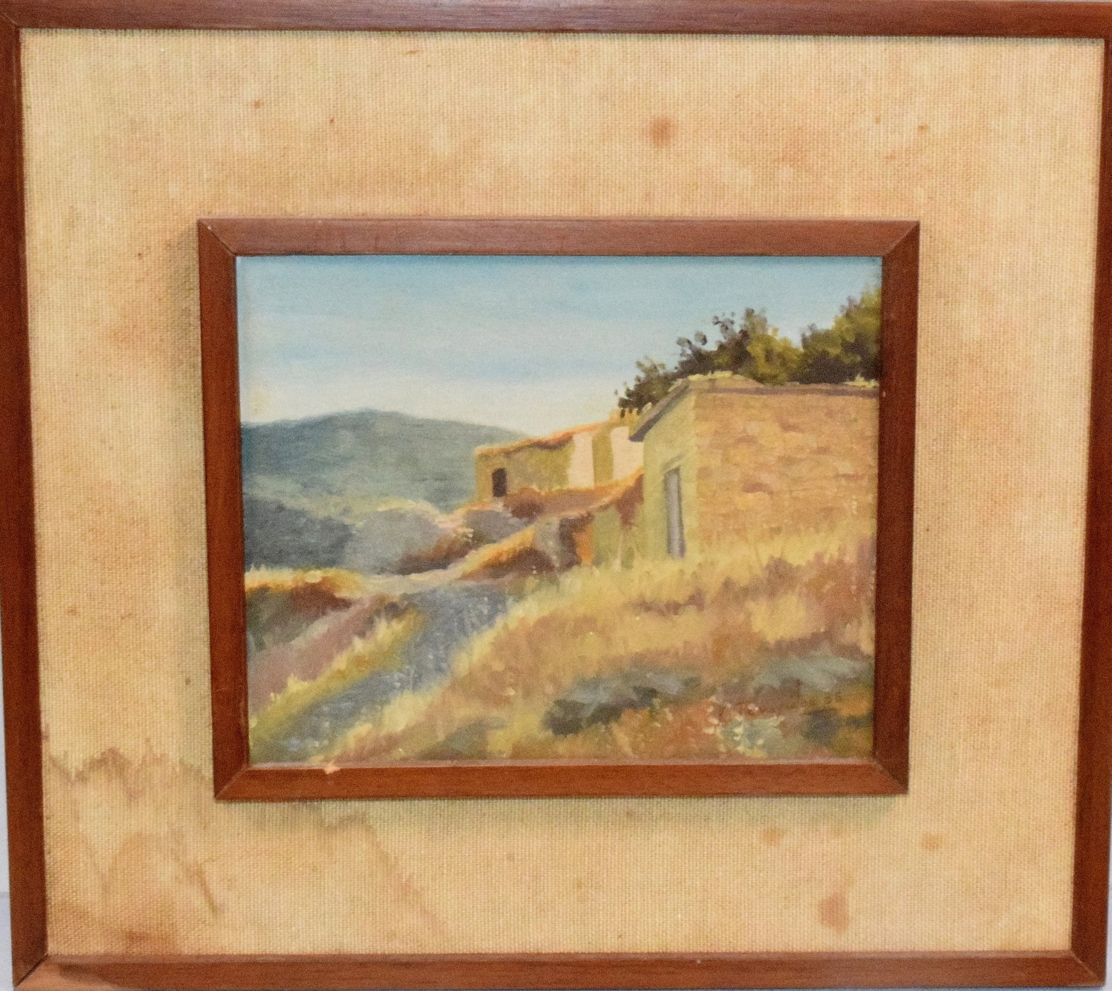 GREEK LANDSCAPE OIL PAINTING.: Signed lower right. K. Tavaywlow? Artist unknown. Depicts a Greek of European stone home in hillside landscape. Image oil on masonite. Dated 85. Image 5 1/2 inches x 7 inches. Frame 11 inches x