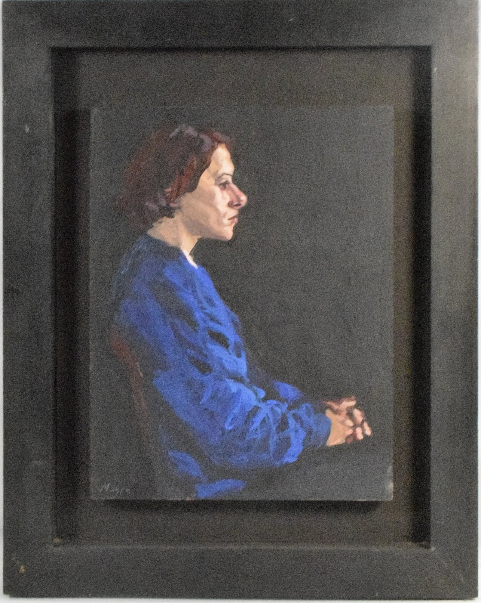 THANASIS MAKRIS (b. 1955) PORTRAIT PAINTING: Greek artist Thanasis Makris (Born 1955). Titled " Portrait of a young woman in the studio". Dated 2005. Signed lower left. Image 13 inches x 10 inches. Frame 19 1/2 x 13 1/2 inches. Stamp labelon