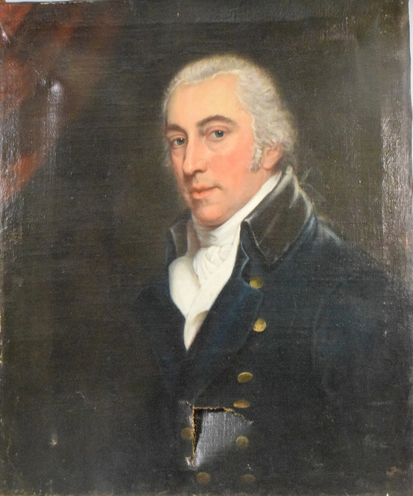EARLY PORTAIT OF MAN (POSSIBLY JOHN SHAW): Possibly or in the manner of Gibert Stuart (1755-1828). Portait maybe John Shaw (1750-1820) who owned a merchant fleet. Oil on canvas. Not signed. Image 30 inches x 25 inches. Not framed.In-painting, 