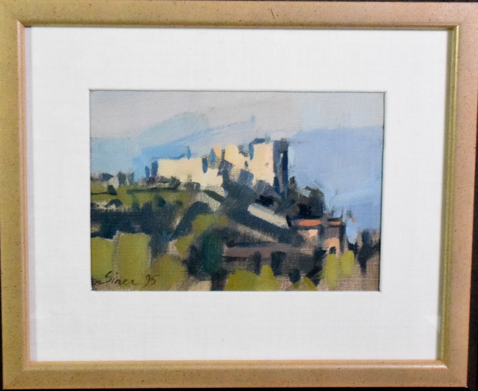 MAGGIE SINER (American b. 1951) PAINTING: Maggie Siner (American b. 1951). Small Impressionist French landscape oil panting. Siner lower left and dated '95. Professionally framed under glass with linen mat. Image 5 1/2 inches x 8 inches. Over