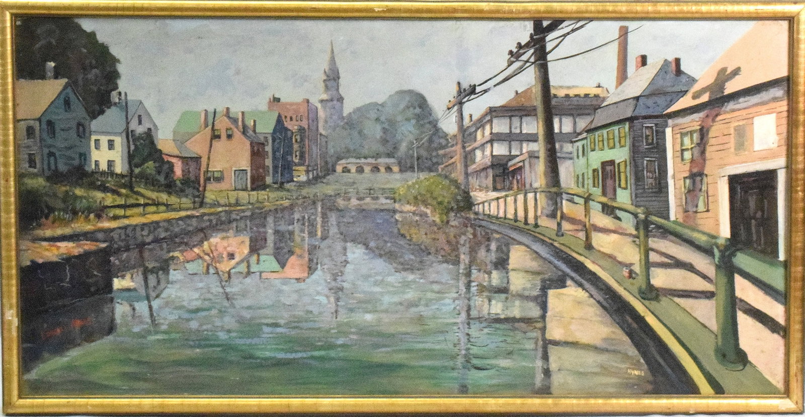 HYNES OIL PAINTING OF LOWELL MASS: Detailed oil painting on board of a canel in Lowell mass. Signed Hynes. Artist not known. Image 14 1/2 inches x 29 1/2 inches. Good condition. Ca 1930-1950's. Some loss to frame. The Estate ofNicholas
