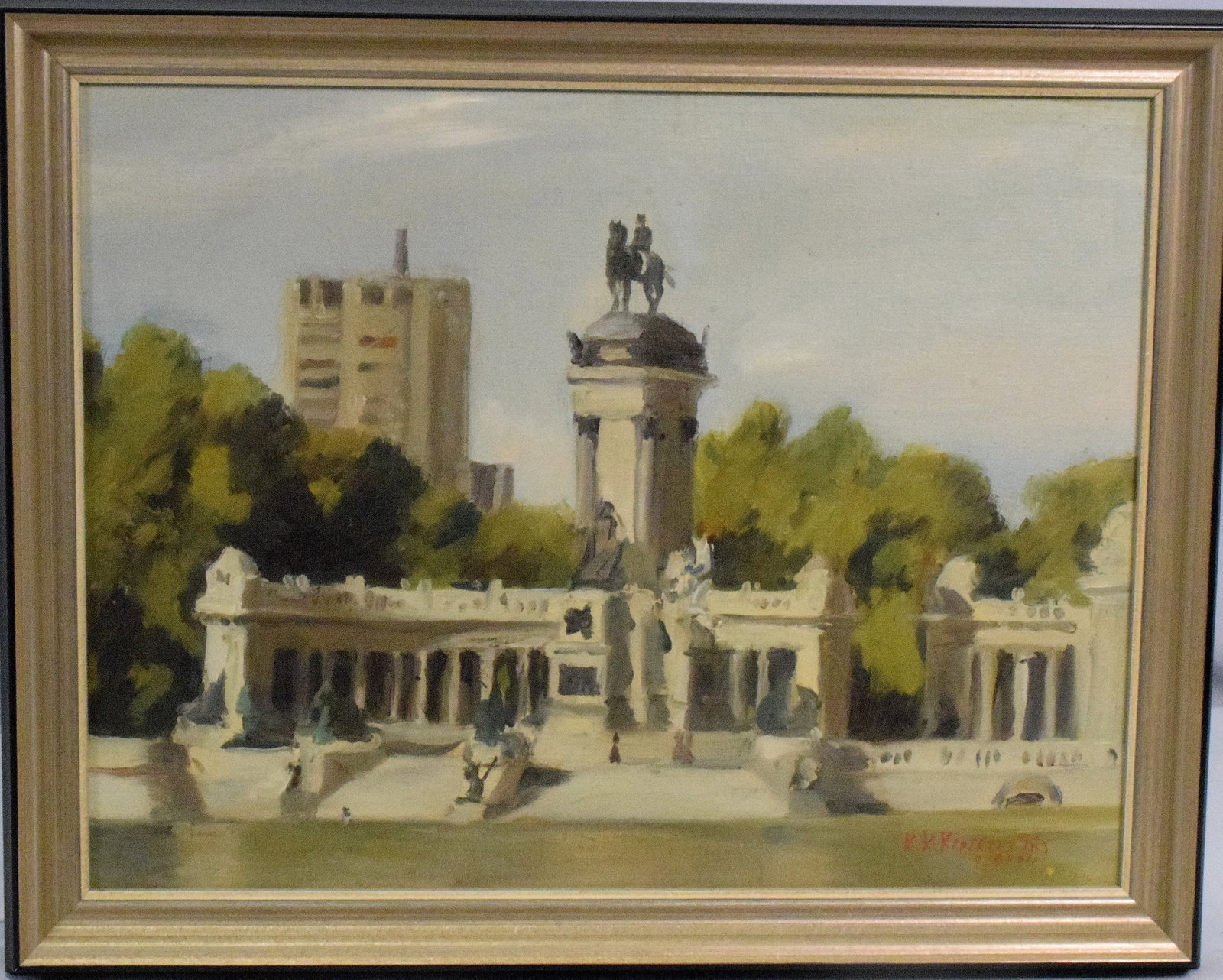 KONSTANTINOS KERESTETZIS (Greece 1969) PAIINTING: Konstantinos Kerestetzis (Greece 1959). Oil on Board. Signed lower right. Image 9 1/2 inches x 12 inches. Depicts monument to Alfonso XII and the boating lake in Madrids Buen Retiro Park. Framed.Frame