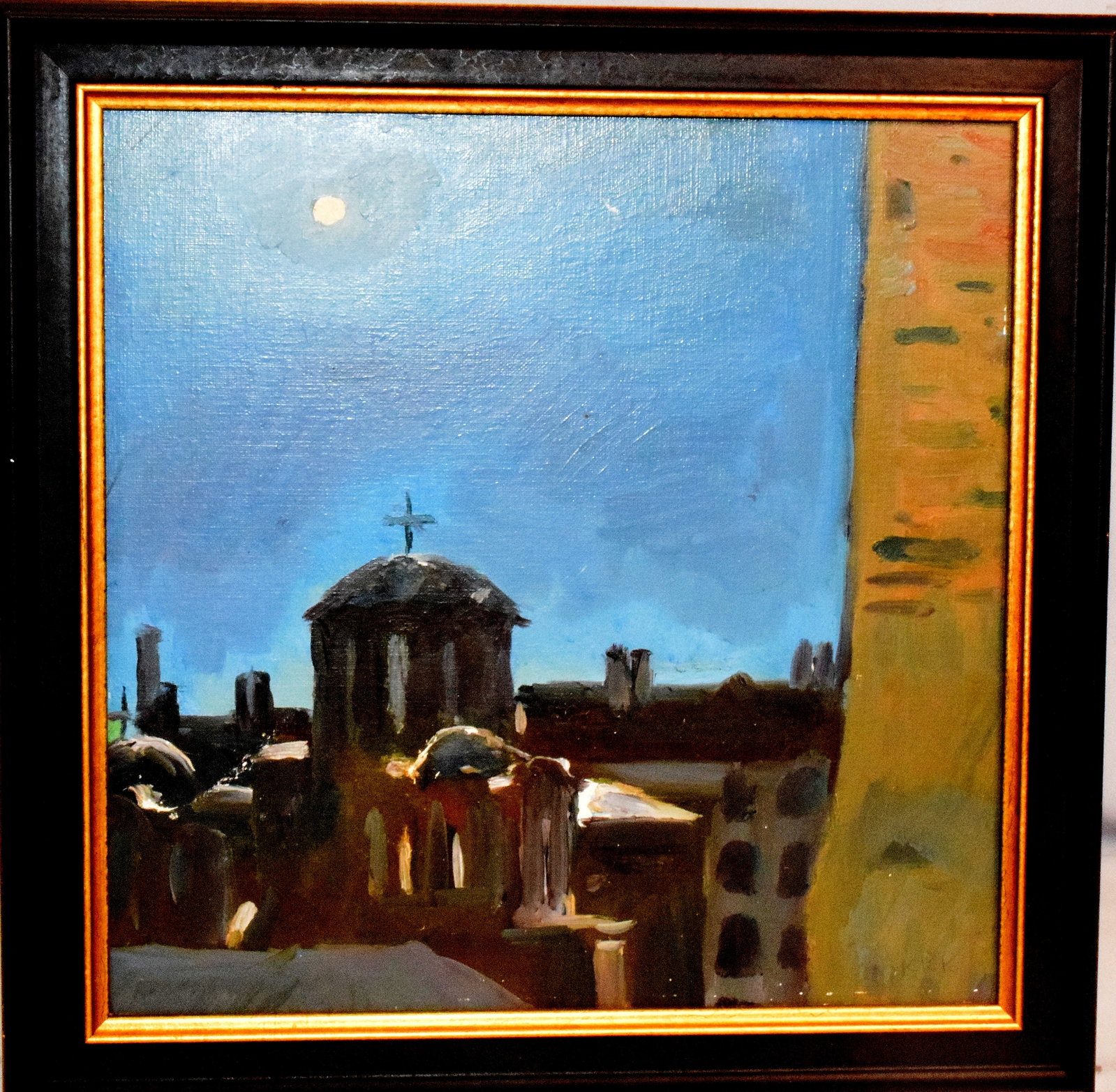 KONSTANTINOS KERESTETZIS (Greece 1969) PAIINTING: Konstantinos Kerestetzis (Greece 1959). Oil on Board. Signed lower right KKK. Image 10 1/2 inches x 10 1/2 inches. Depicts city scene at night with church dome under moonlight. Framed.Frame 12 inches 