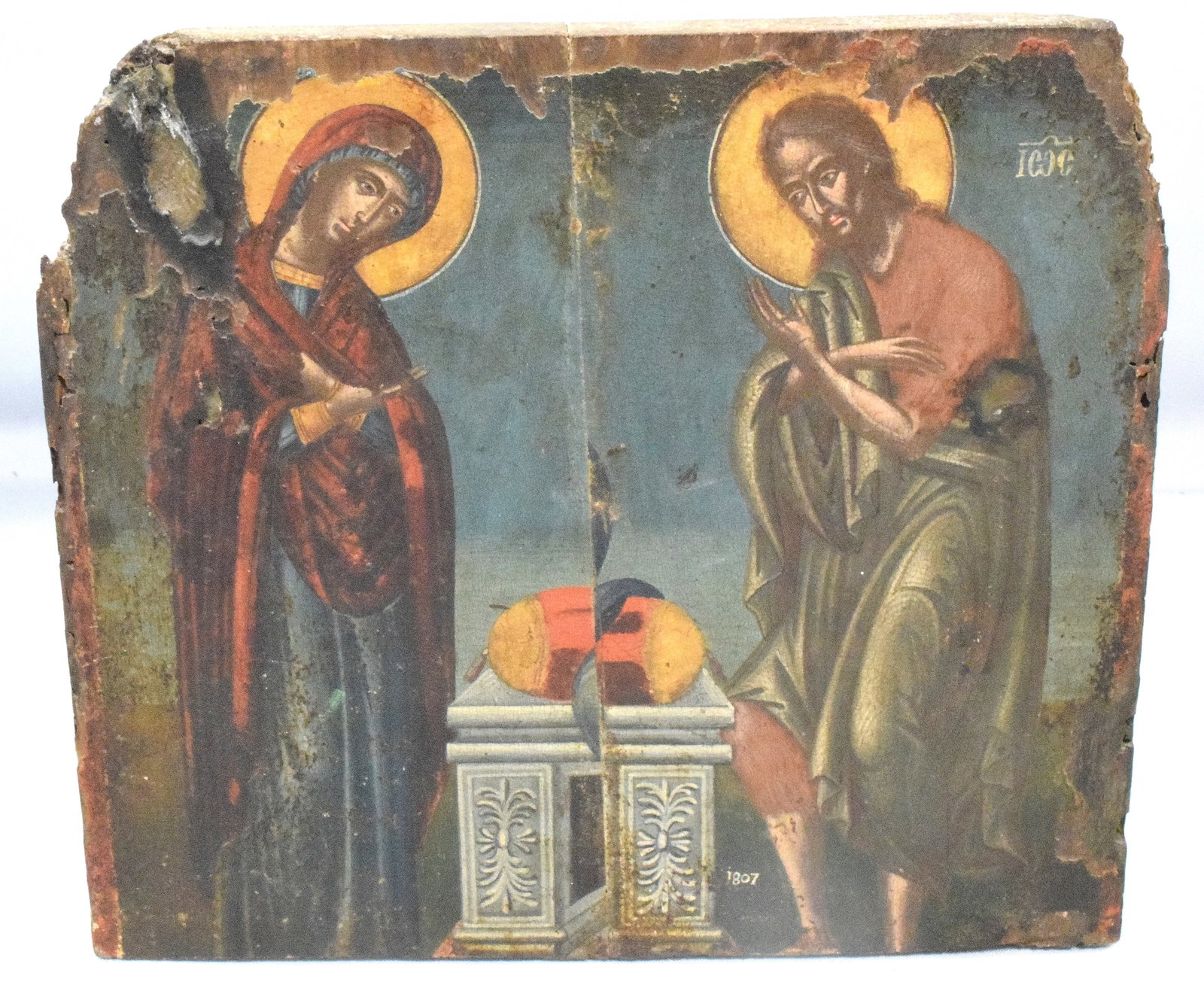 EARLY GREEK ORTHODOX ICON: early Greek Orthodox icon depicting Annunciation. Archangel Gabriel to Virgin Mary that she would conceive Jesus. Wood panel, Panel was bigger and we believe center missing. Old repair. Dated 1807. Ag