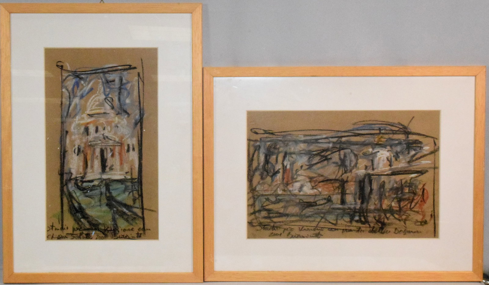 (2) FRANCO BARASCIUTTI (ITALY B. 1941) DRAWINGS: Franco Barasciutti (Italy, b. 1941). Two abstract charcoals and pastels on paper. Both are titled and dated on bottom. Images 14 1/2 x 8 1/2 inches. Framed and matted under glass. The other 9 1/2 imch
