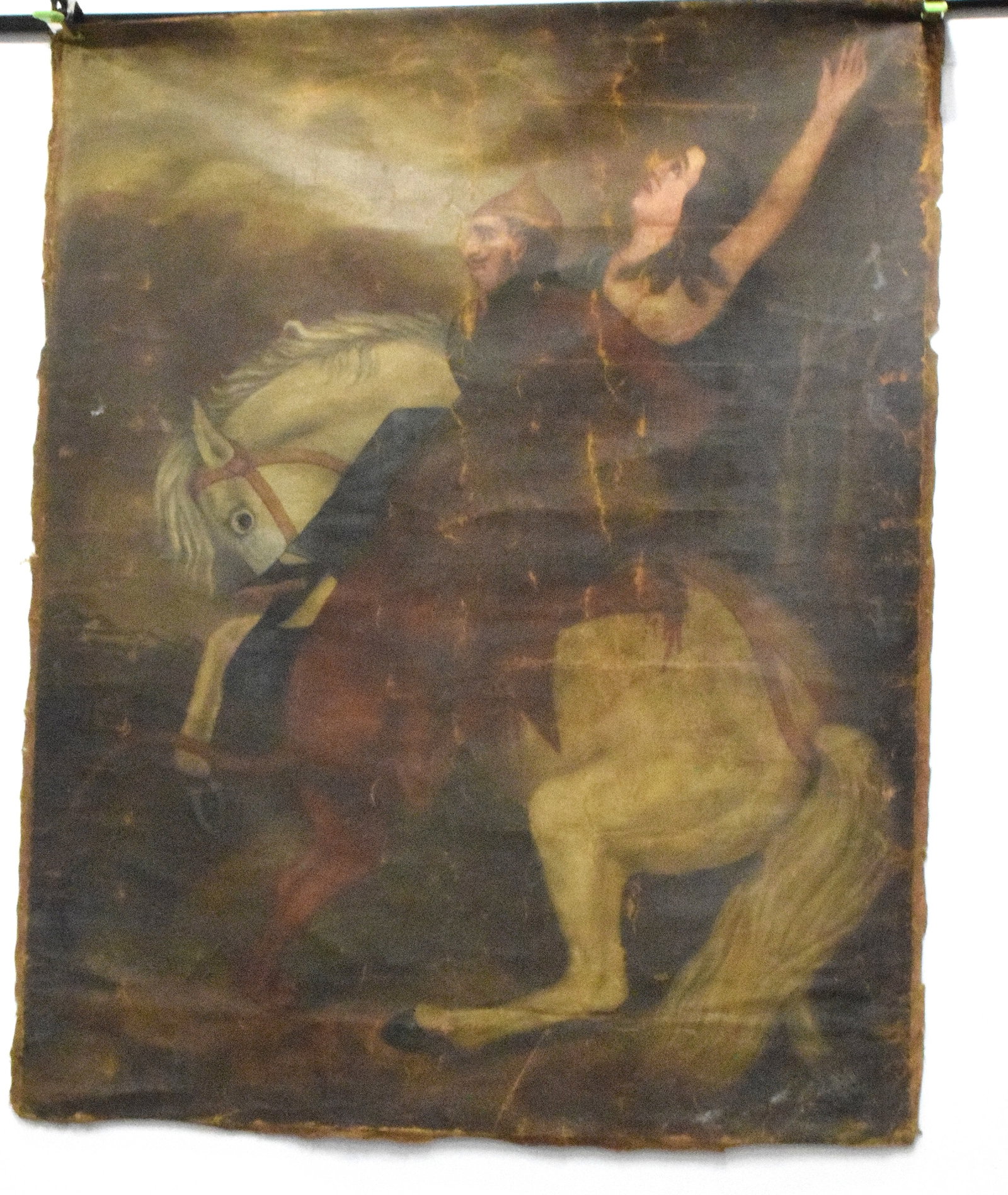 GREEK or OTTOMAN MYTHOLOGICAL PAINTING: Ca 19th century Ottoman or Greek mythological oil painting on canvas. Image depicting warrior on horse with woman with a lion attaching. Not framed. Painting was rolled up. Approx. 60 inchesx 48 inche