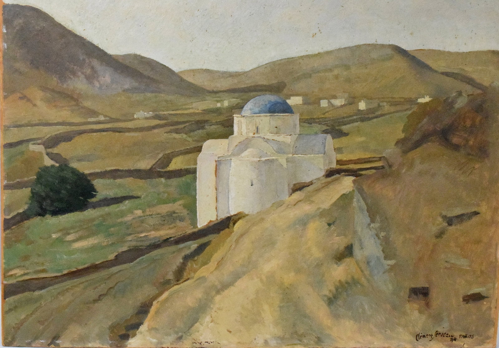 HENRI CLEMENT SERVEAU (1886-1972) OIL or GOUACHE: Henri Clement Serveau (French 1886-1972). Depicts Greek dome building of country setting. Signed and dated lower right 1934. Oil or gouache on board. Not framed. Image 19 1/2 x 25 1/2 inches. Goodcond