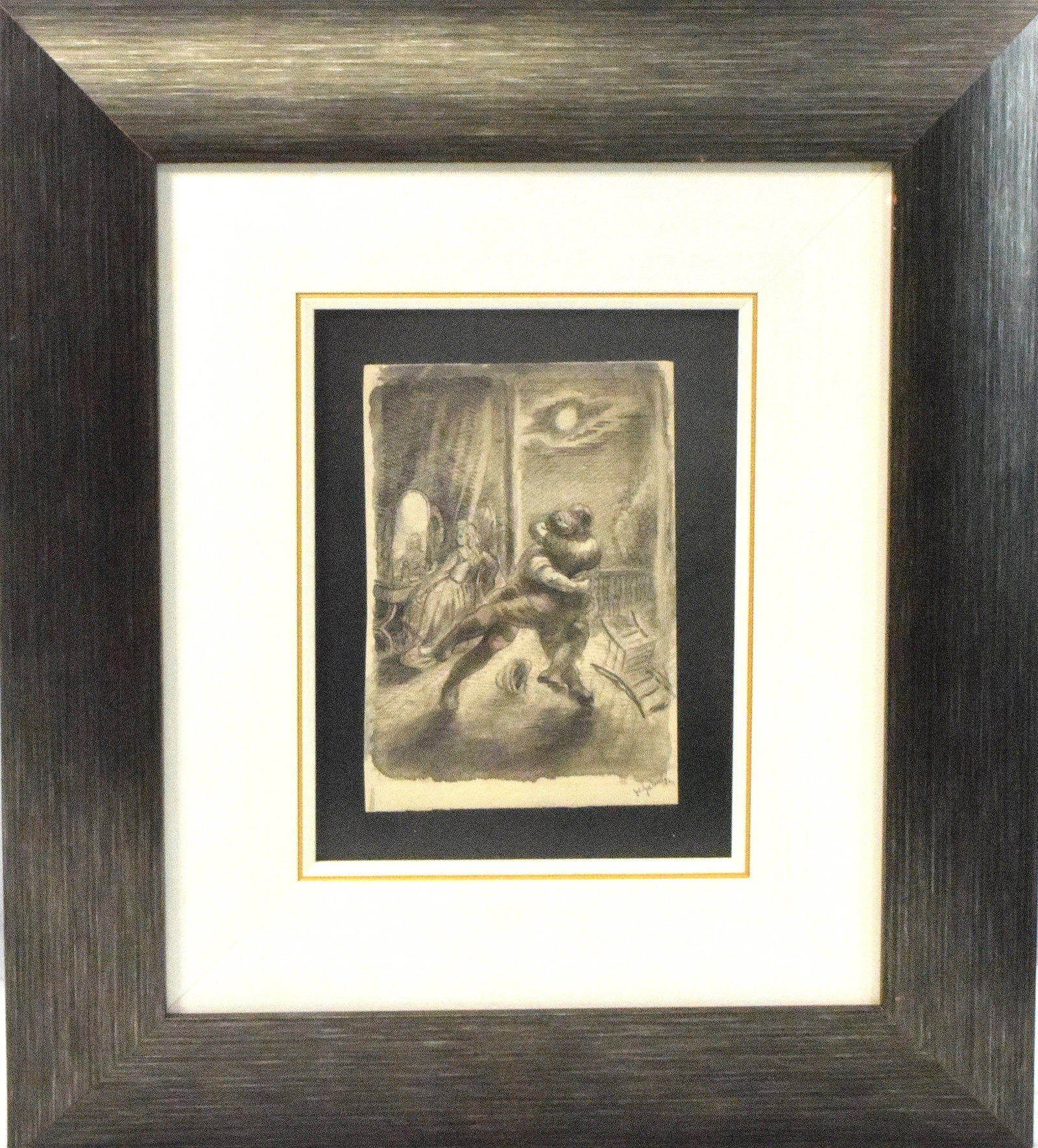 DIMITRIOS EMMANUEL GALANIS (1882-1966): Dimitrios Emmanuel Galanis (Greece 1882-1966) Ink & watercolor on paper. Depicts two people fighting. COA on back. Deaccessioned stamp MFA Boston on back. Untitled Ca 1940-1945. Image 7 1/2 inches x 5
