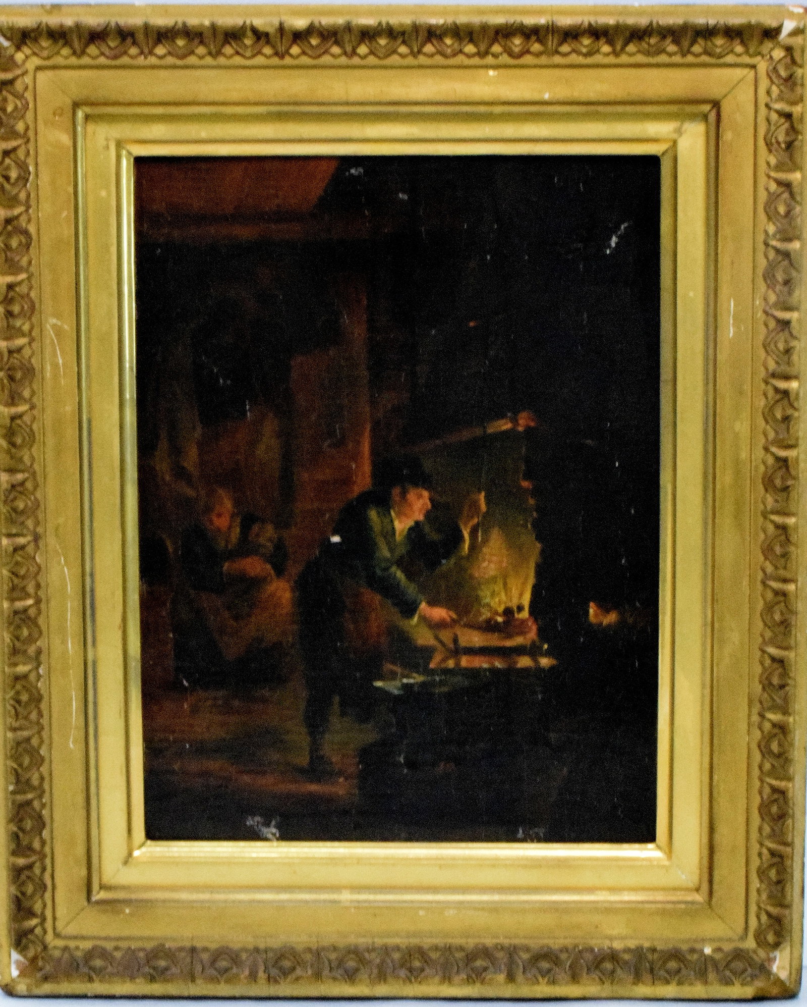DUTCH 17TH OIL PAINTING ON BOARD: Identified on back by Museum of Fine Arts with label. Titled "Man working at Forge". Original owner Mrs Charles Codman Boston. 1964. Oil on wood panel. Image 8 3/4 inches x 6 3/4 inches. Somein-painti