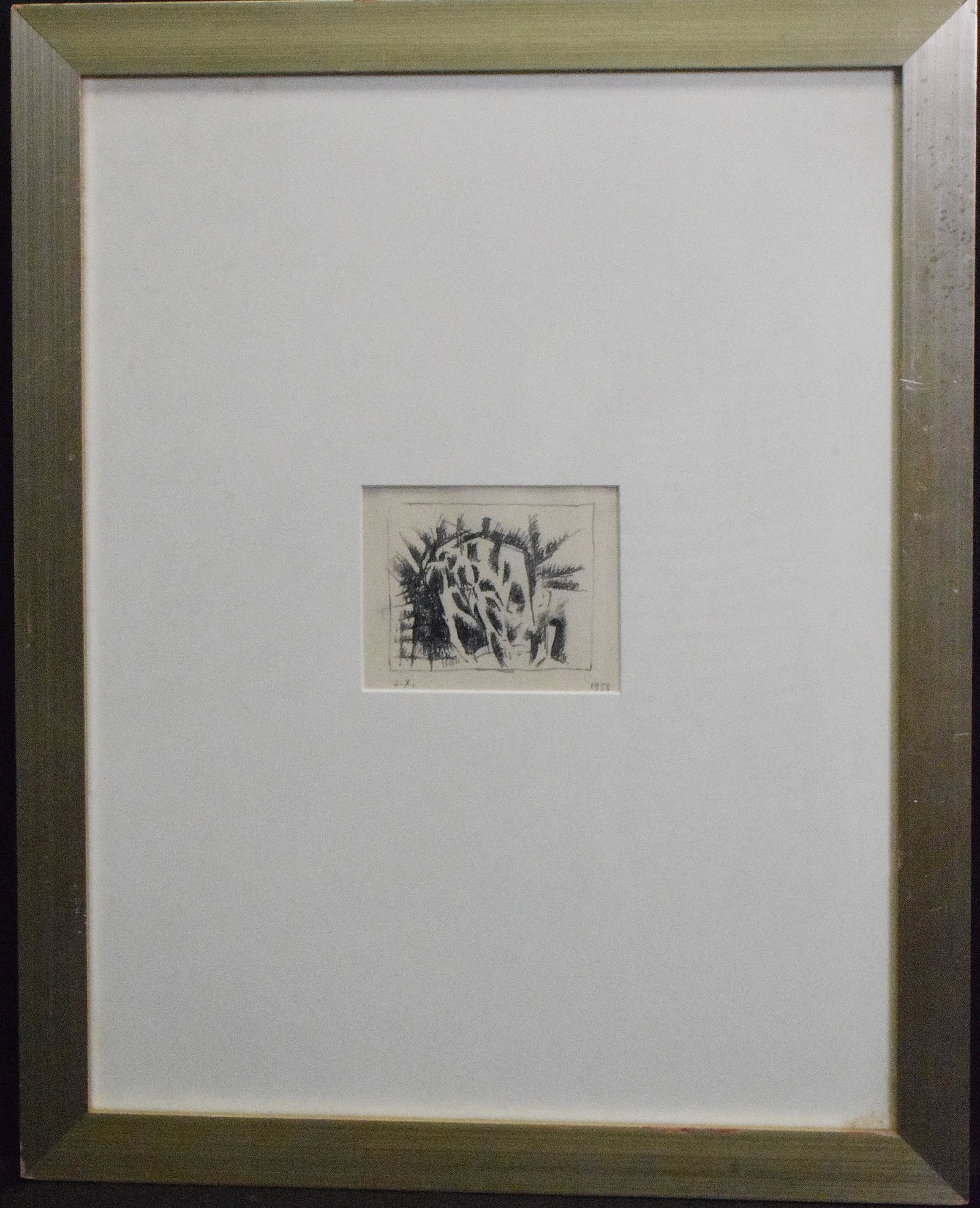 JEAN XCERON (1890-1967) INK DRAWING: Jean Xceron (Greek/American 1890-1967). Identified on back with label. Untitled dated 1958 and image 3 1/2 x 4 1/4 Inches. Framed and matted under plexi-glass. Framed 20 inches x 16 inches. Ink