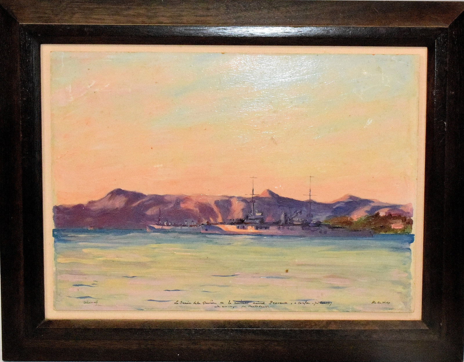 FRENCH WARSHIP OIL PAINTING: Impressionistic naval warship. Believe French ships in Provencal Bay Signed with a inscription. Ca early 1900's. Oil on board. Image 9 1/4 inches x 13 inches. Frame 13 inches x 17 inches.Black-lighted