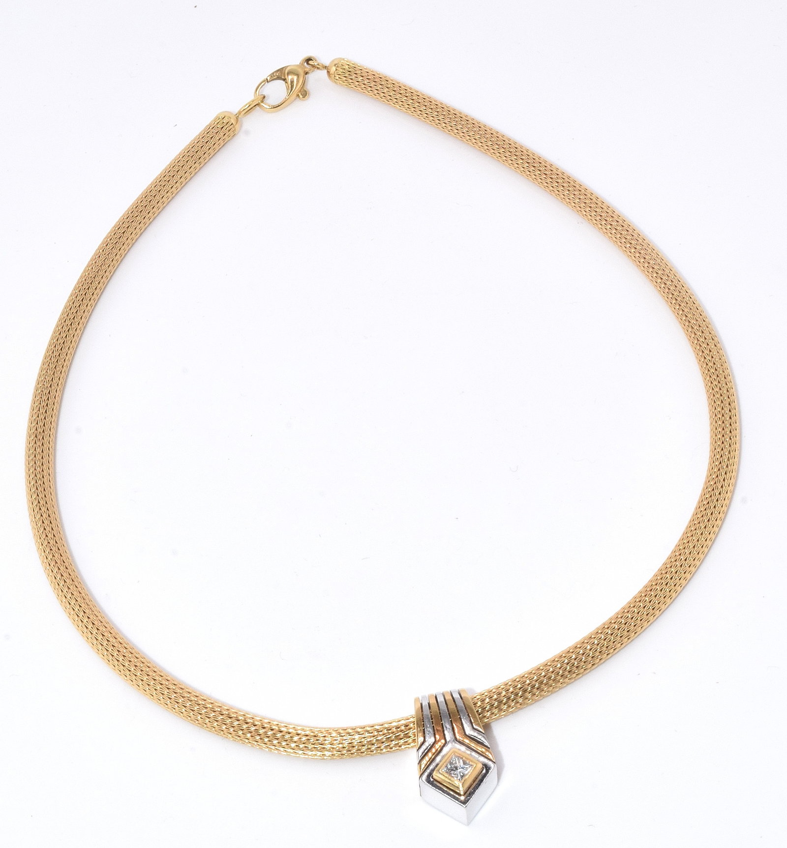 18K DIAMOND PENDANT & 18K GOLD WOVEN NECKLACE: Pendant in an Art Deco design. Pendant Yellow gold & white gold. Marked .750 ER. Seems to be a white round diamond in square mount. Approx. 3/8 carat. Slight bend in necklace. Good condition. Approx.2