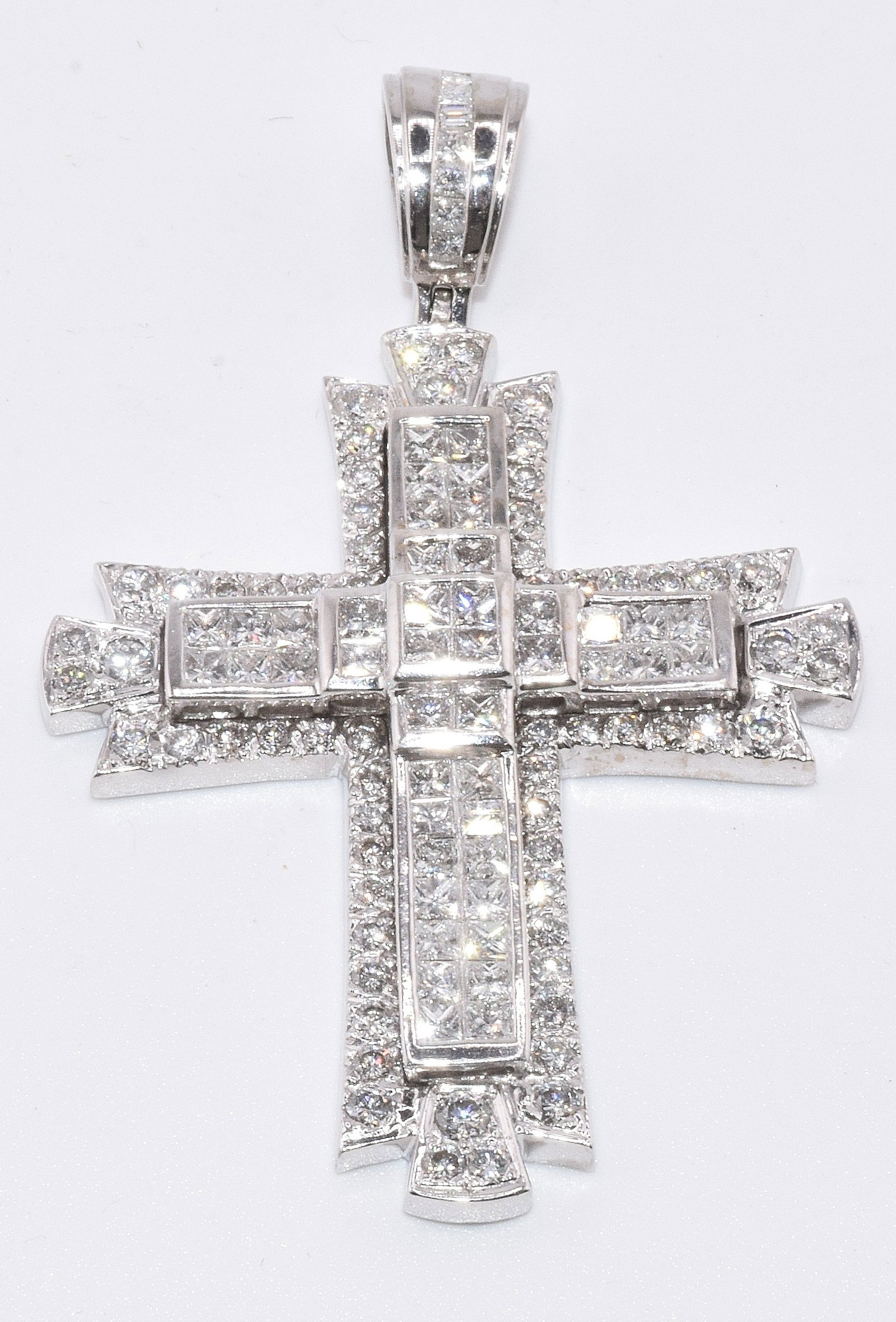 14K WHITE GOLD & DIAMOND CROSS: Contemporary 14k white gold pendant cross with heavy encrusted with diamonds in geometric design. Exquisite. Country unknown. Tested 14k white gold & diamond cross. 2 3/4 inches tall x 1 3/4 inches