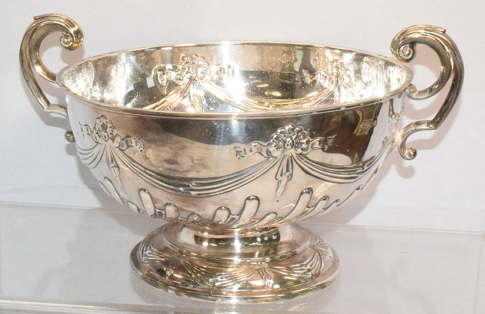 ENGLISH JAMES DIXON & SONS STERLING BOWL: English sterling sterling two handle bowl with hallmark of James Dixon & Sons Sheffield England. Bowl 10 inches diameter excluding handles. Dents on rim and bent. As is. Dixon Founded in 1806.Approx. 
