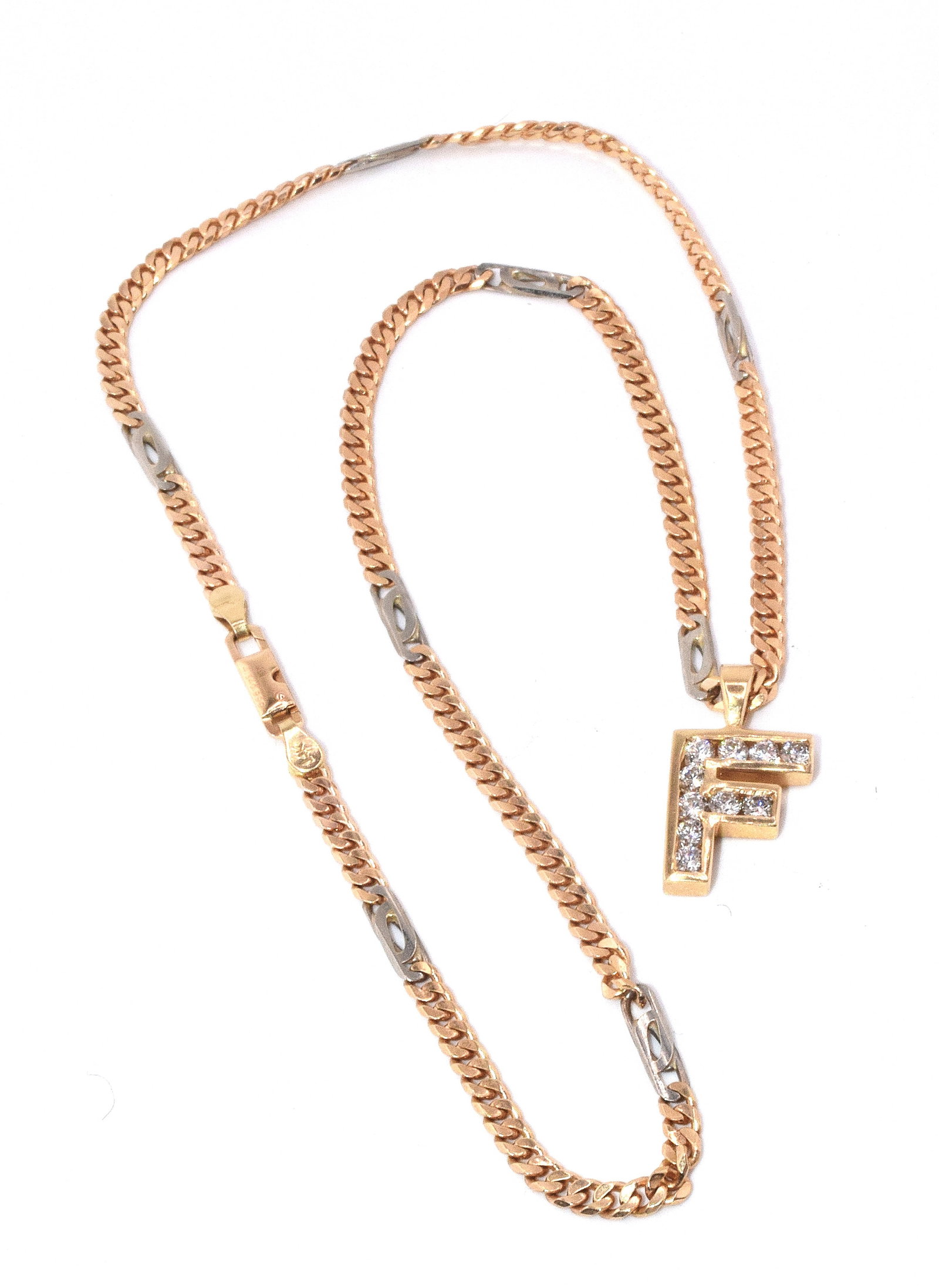 14k DIAMOND SET "F" PENDANT WITH 14K NECKLACE: Vintage 14k white round diamond set figural pendant in the design of the letter "F". Total of 10 white round diamonds. each approx. 1/8 carat to 1/16 carat. No visible inclusions or chips using10X