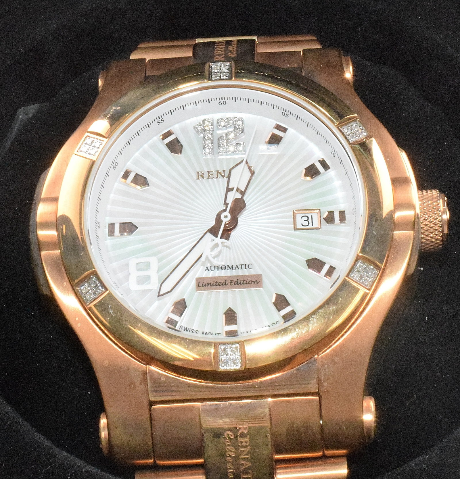 RENATO MEN LUXURY AUTOMATIC CHROMOGRAPH WATCH: A luxury Gents Renato T-Rex grand automatic chronograph wristwatch with diamond set bezel rose gold tone case with bronze/brownish dial and alligator strap. Original box and paperwork.Limited edition