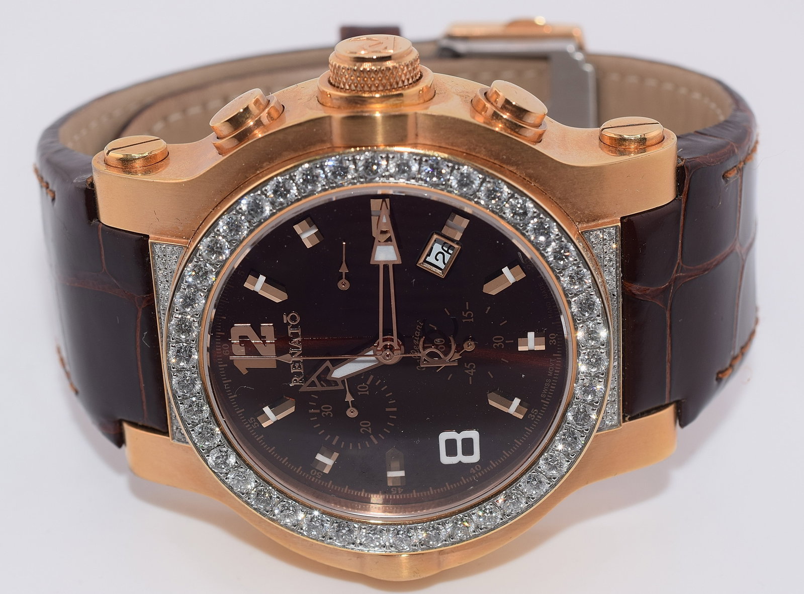 RENATO MEN LUXURY AUTOMATIC WRISTWATCH: A gold-tone Renato Gent's automatic wristwatch with mother of pearl dial, diamond hour markers, diamond set "12" and a limited edition designation. Original box and paperwork. Ca 21stcentury. Extra