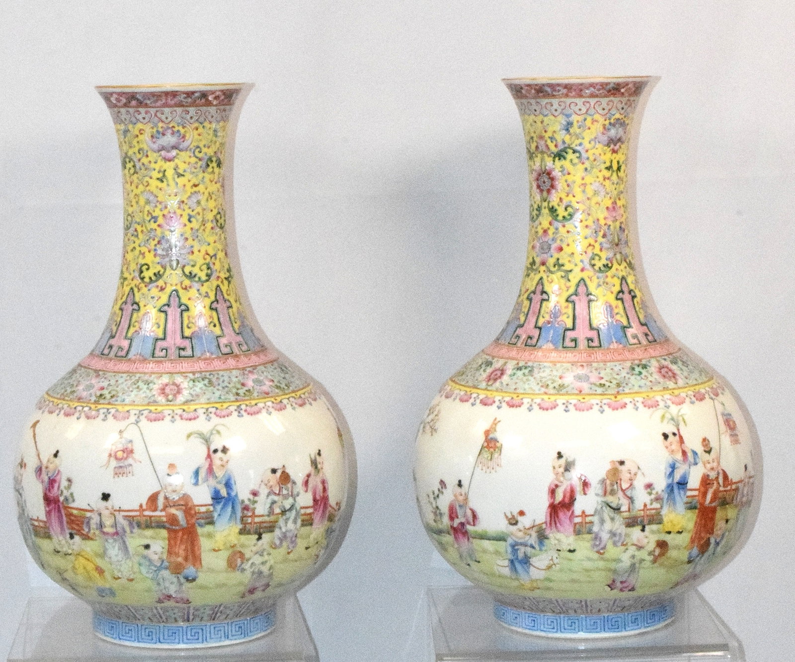 JIAQING CHINESE POLYCHROME ROSE HUNDRED BOYS VASES: Jiaqing mark boys vases. A pair of 18th/19th Chinese polychrome rose Medallion hundred boys pattern vases, Good condition, both have kids playing with toys and instruments all around vase, no loss of 