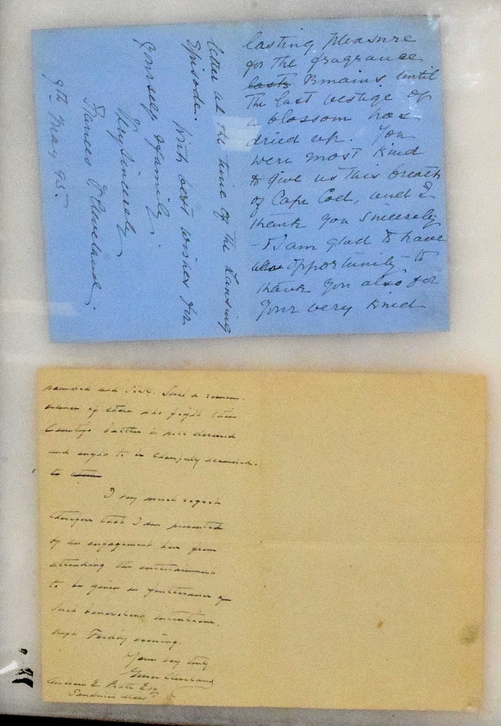 GROVER & FRANCES CLEVELAND SIGNED LETTERS: Two Letters by Frances Cleveland and Grover Cleveland, 1) One was written July 12, 1898 by Glover Cleveland correspondence from Gray Gables in Buzzards Bay. Folded Letter. marks 7 inches x 9 inches.