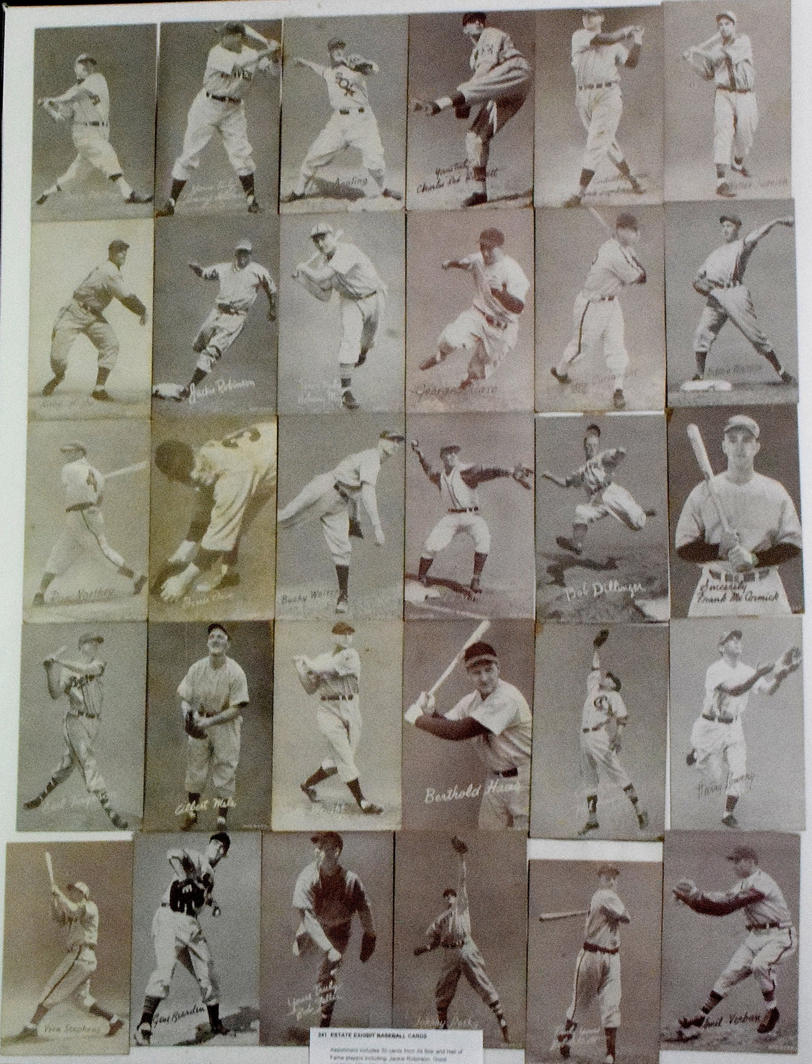 EXHIBIT BASEBALL CARDS: Assortment includes 30 cards from All Star and Hall of Fame players including; Jackie Robinson. Good condition. 22" x 28'. 4 lbs.