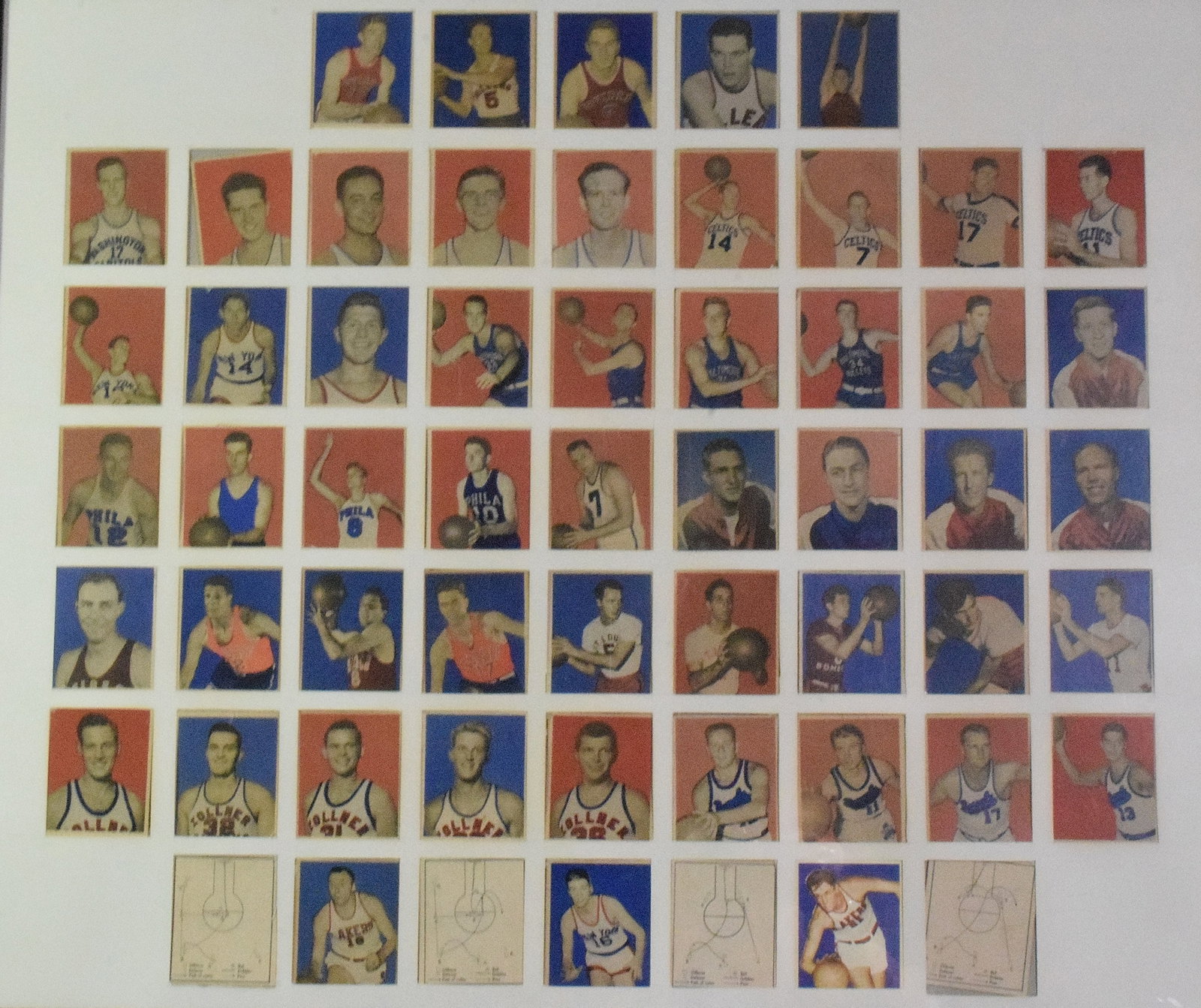1948 BOWMAN BASKETBALL CARDS INCOMPLETE SET: Fifty-six 1948 Bowman cards, with 1 reproduction card, 57 cards total. Cards are not graded. The George Mikah card is a reproduction. Cards are taped on corners on the matting on backs. Goodcondition.