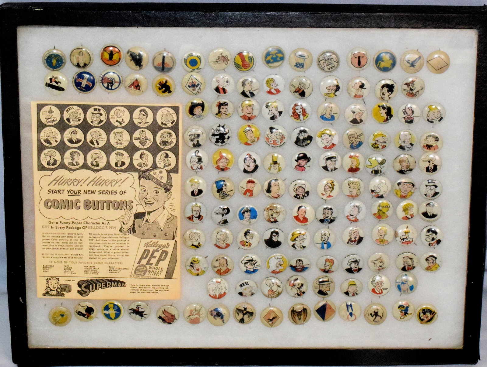 124 KELLOGG'S "PEP" COMIC CHARACTER PIN SET: These famous cereal give-away buttons were created by the master of premiums for kids, designer Sam Gold. Millions of these 13/16 " little buttons went into post-war cereal boxes issued as five sub -