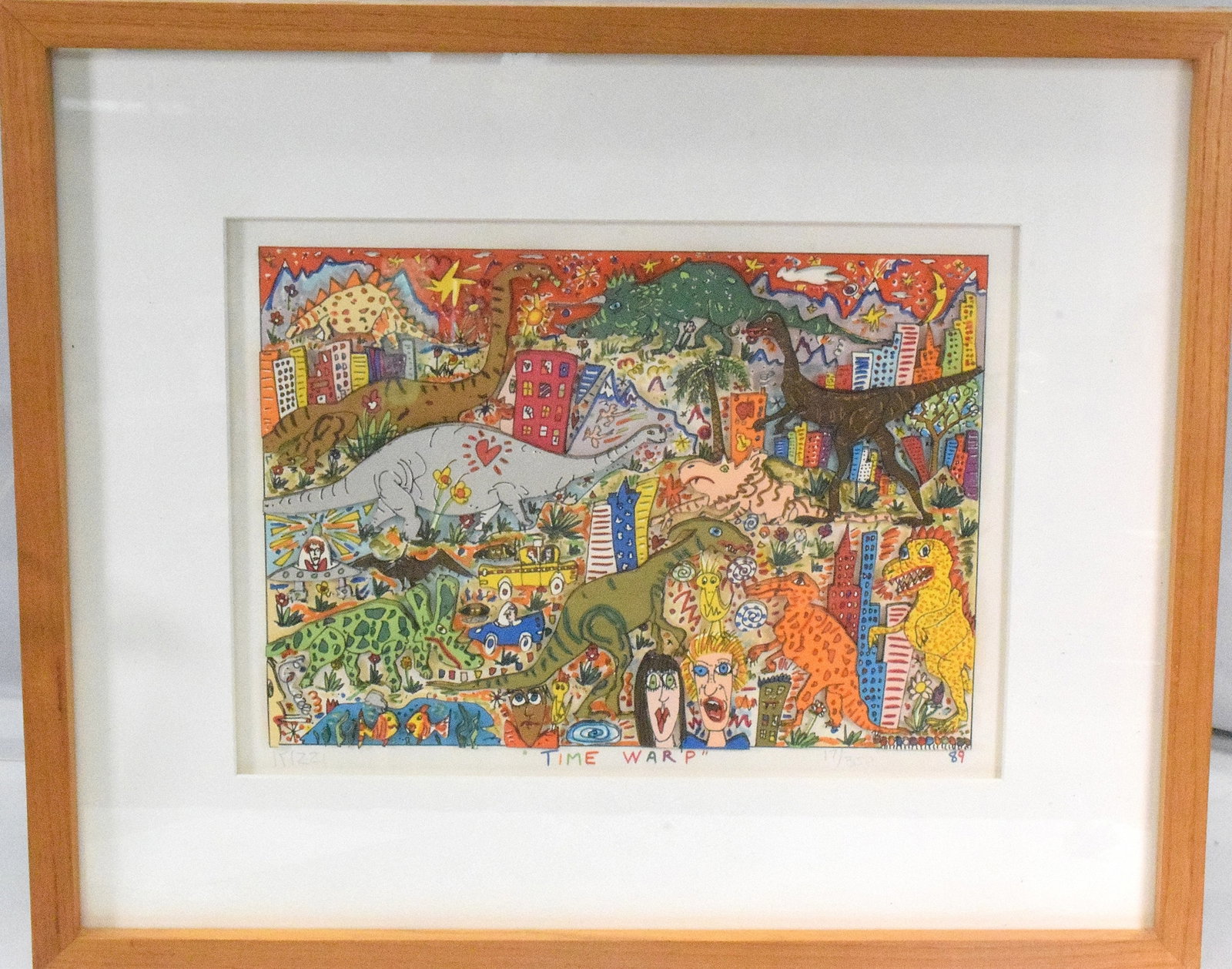 JAMES RIZZI (1950-2011) "TIME WARP" 3-D ART: James Rizzi (1950 - 2011 New York) " Time Warp " 3-D Painting, 17 / 350. Image 9 inches x 12 inches. Frame 17 inches x 20 inches. Detailed 3-D composition image with buildings, people, anddinosaurs