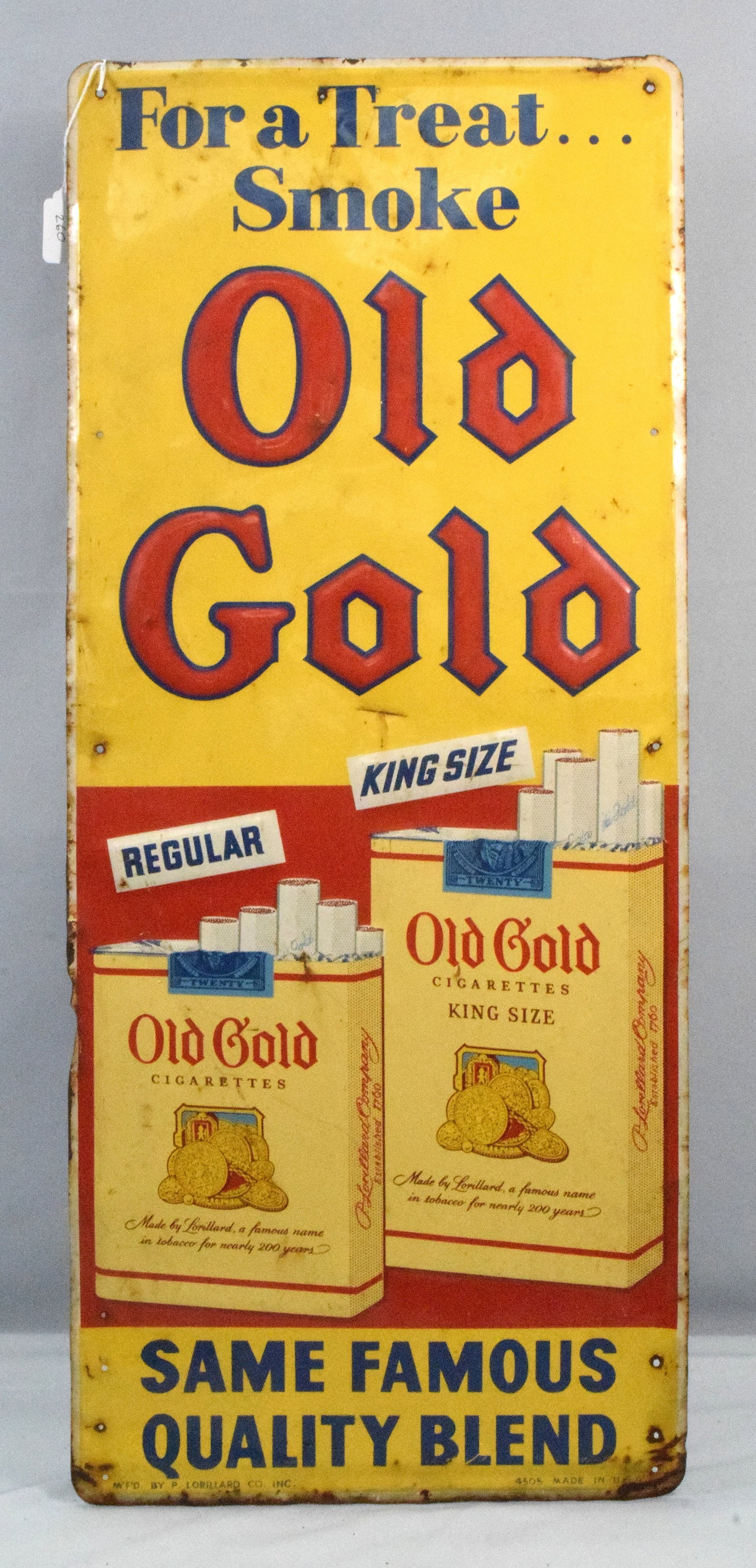 1930'S OLD GOLD CIGARETTES: 1930's Old Gold Cigarettes Tobacco Embossed Metal Advertising Sign For a Treat Smoke, 14" x 23", good condition